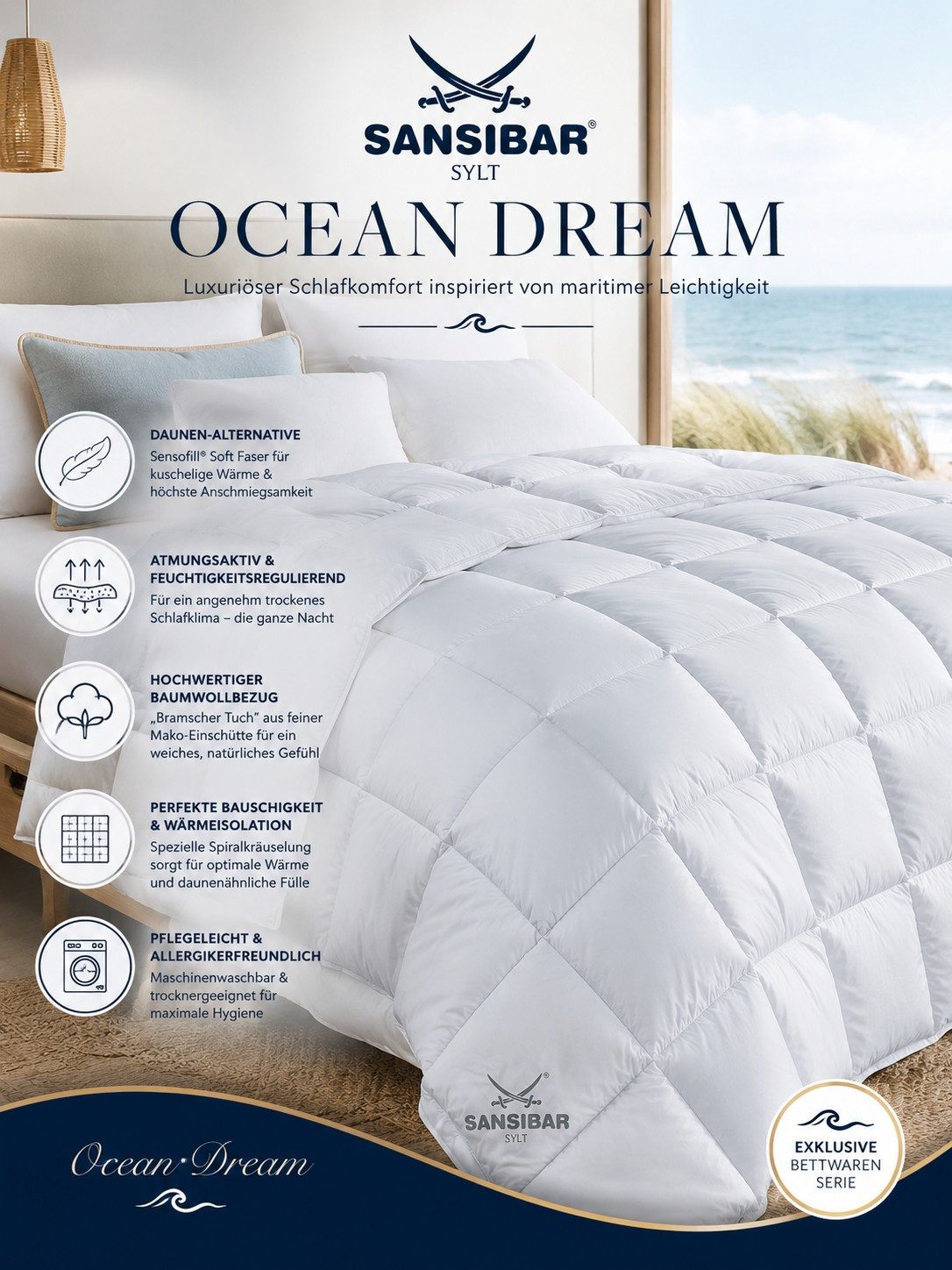 Sansibar Sylt Kunstfaserbettdecke Sansibar Ocean Dream Ganzjahresdecke Medium, Füllung: 100% Polyester (Sensofill), Bezug: 100% Baumwolle, Daunen-Feeling durch modernste Fasertechnologie
