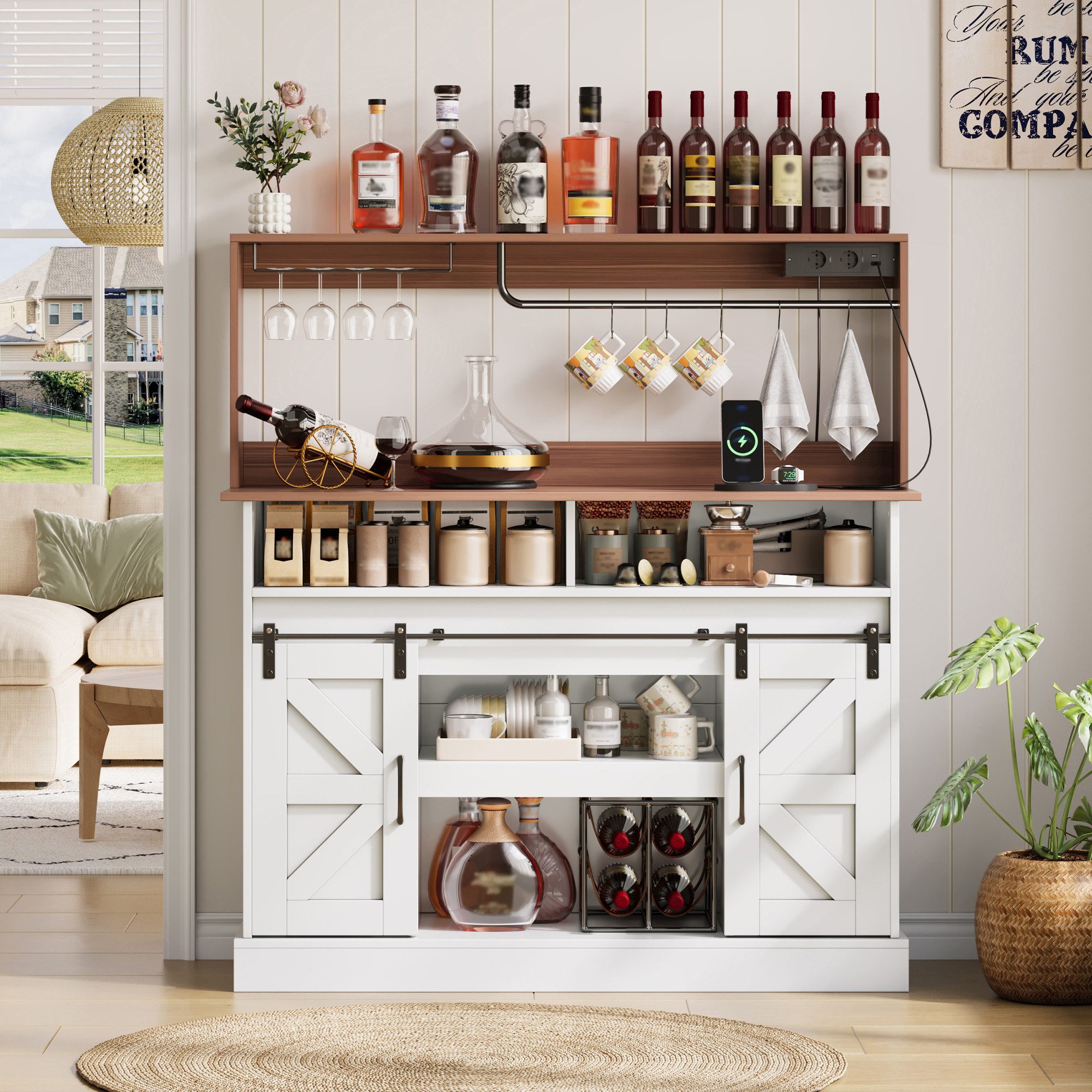 Flieks Küchenbuffet mit Gläserhalter, Haken und Steckdosen (120x40x130 cm, 1-St., mit verstellbarer Einlegeböden) Hochschrank Küchenschrank mit Schiebetüren im Landhausstil Weiß