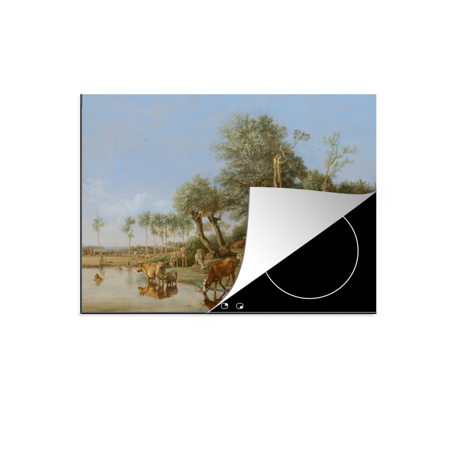 MuchoWow Herdblende-/Abdeckplatte Die spiegelnde Kuh - Gemälde von Paulus Potter, Vinyl, (1 tlg), 71x52 cm, Induktionskochfeld Schutz für die küche, Ceranfeldabdeckung