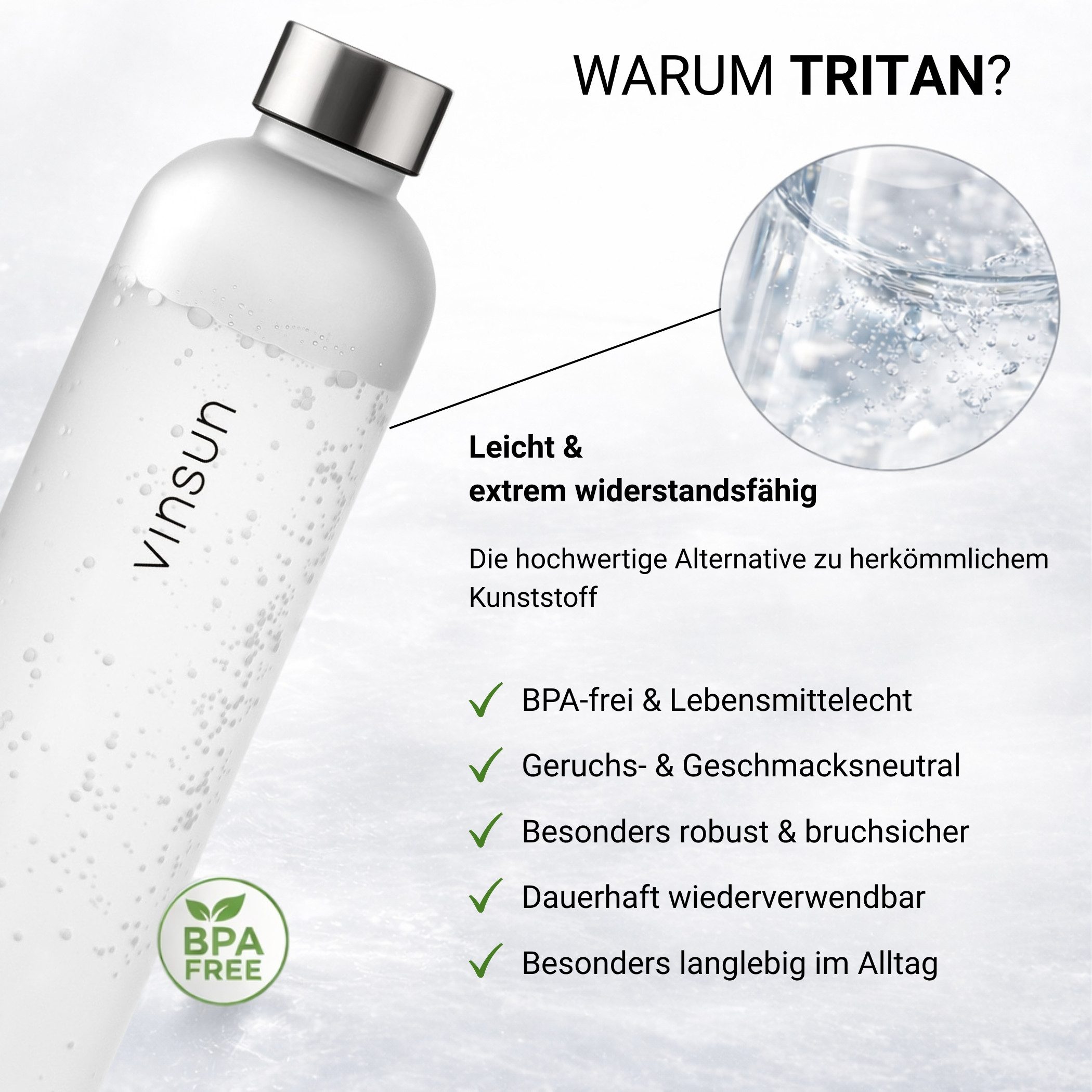 Vinsun Trinkflasche Tritan Wasserflasche 650ml - Sportflasche Kohlensäure geeignet, Auslaufsicher, BPA frei, bruchsicher, geruchs- und geschmacksneutral