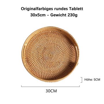 Henreal Tablett Dekoratives Tablett aus Rattan -Tablett mit Griffen, (30×5cm)
