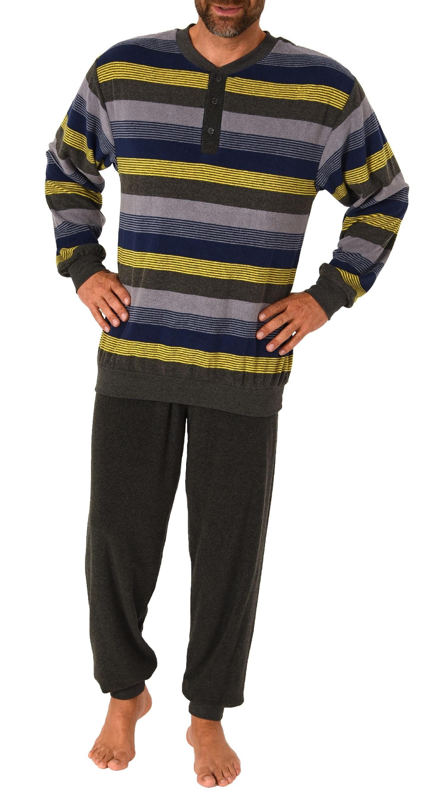 Pyjama Herren Frottee Pyjama mit Knopfleiste, Schlafanzug in Streifen-Optik