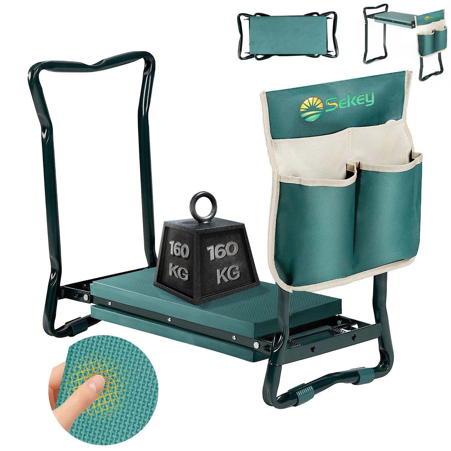Sekey Kniebank 2 in 1 XXL Kniebank für Gartenarbeit Gepolstert Gartenhocker Klappbar, 2 in 1 Höhenverstellbar Gartenbank mit Werkzeugtasche 60 x 49 x 27,5cm