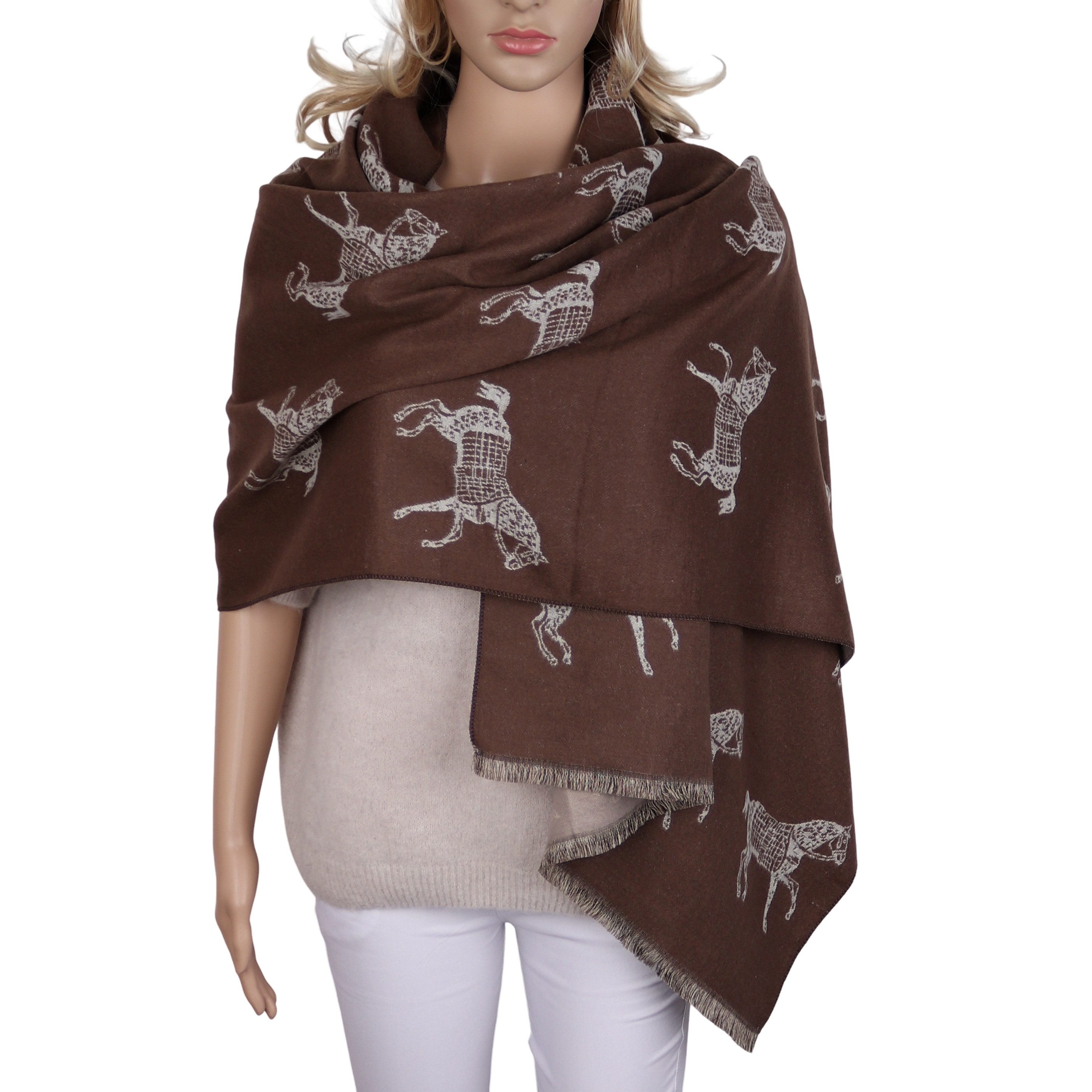 MIRROSI Modeschal Damen Schal 68x180 cm mit Pferde-Motiv – warmer Wendeschal, (Neue Kollektion Herbst/Winter 2026), aus Viskose-Woll-Mix, auch als Poncho tragbar