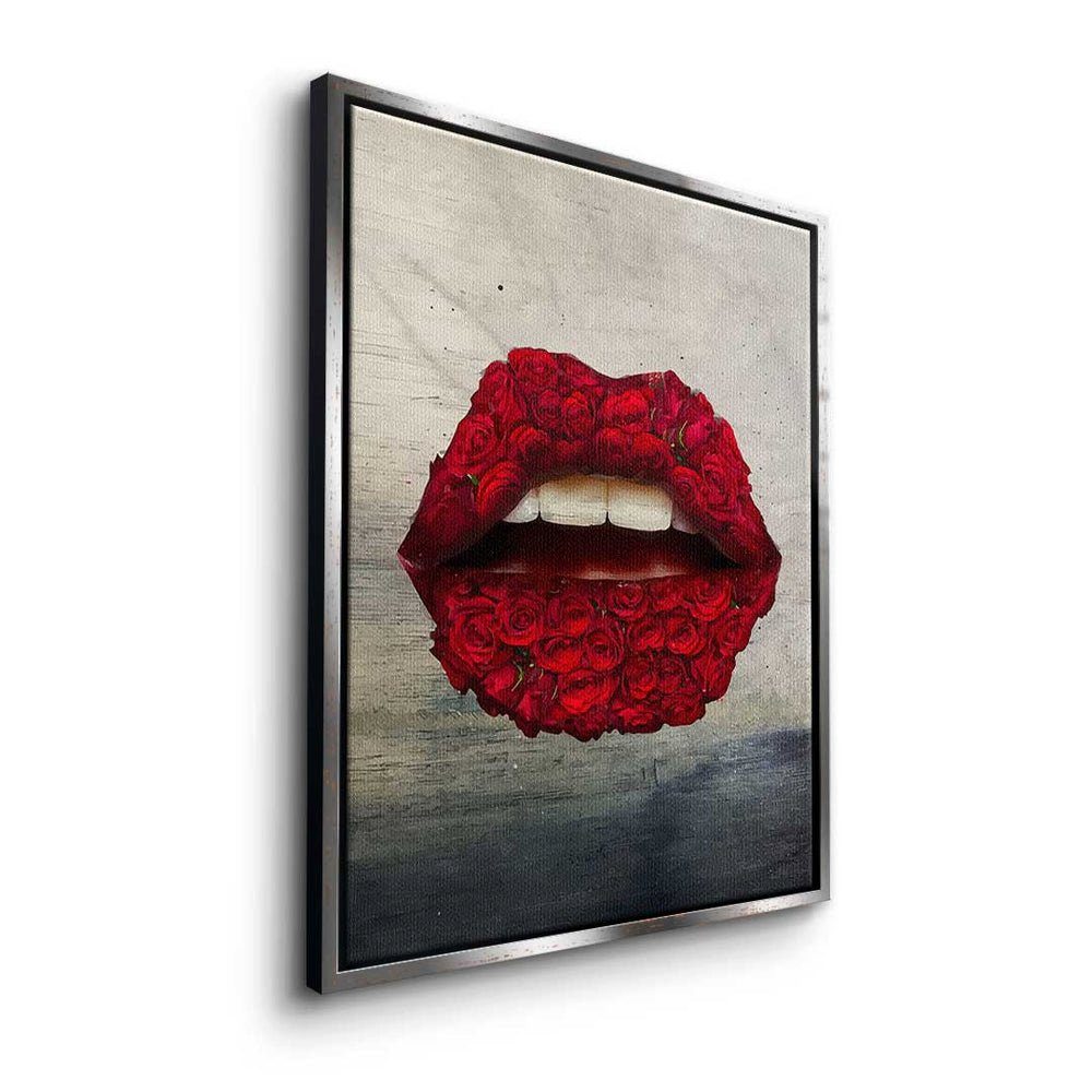 Pop - Art Leinwandbild Premium Leinwandbild, modernes silberner - DOTCOMCANVAS® Lippen Wandbild Rahmen Rosen X -