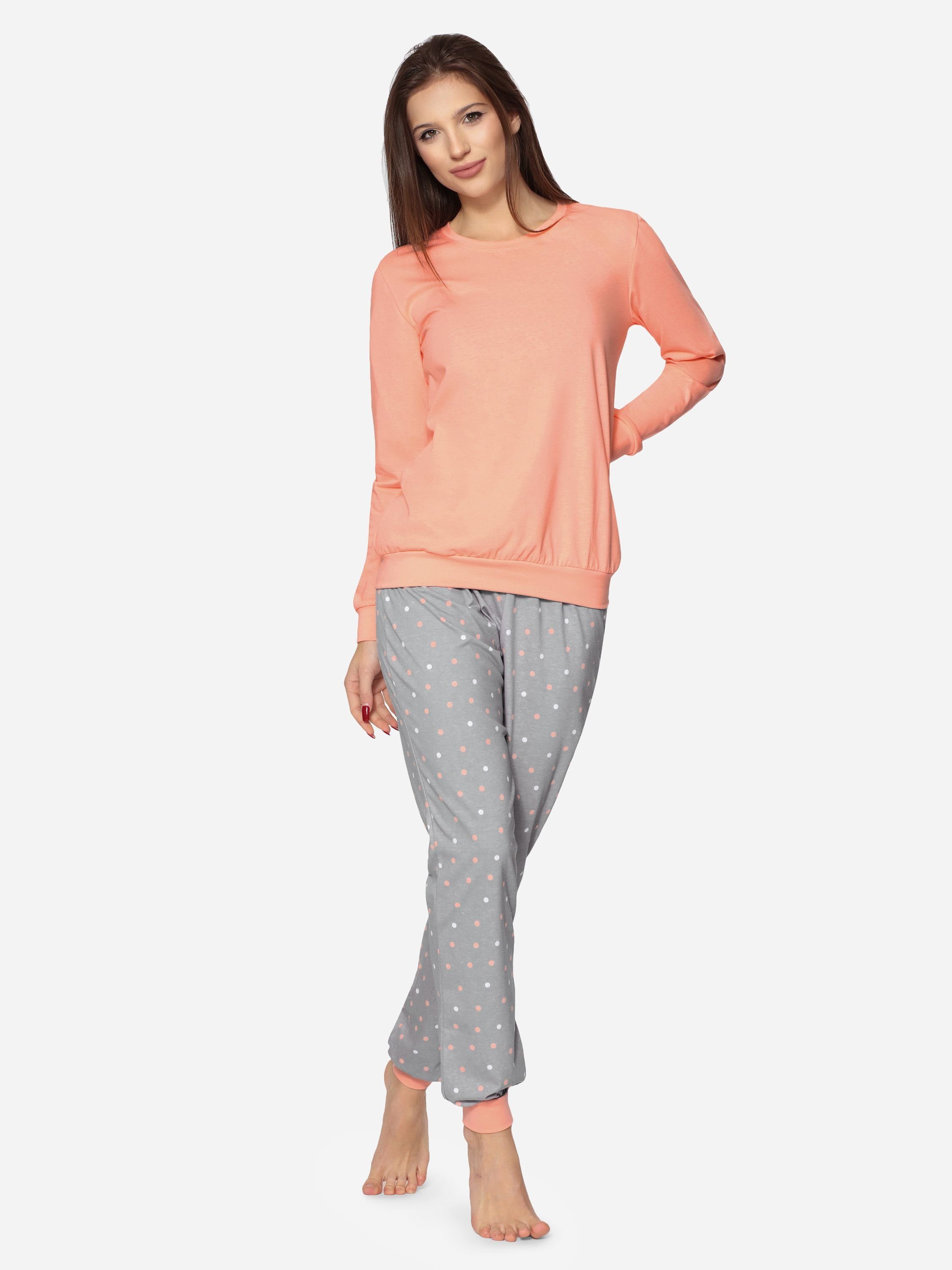 Zweiteiler Merry Damen Schlafanzug bunt Pyjama Muster MS10-268 Lachs/Grau lang Style mit Schlafanzug