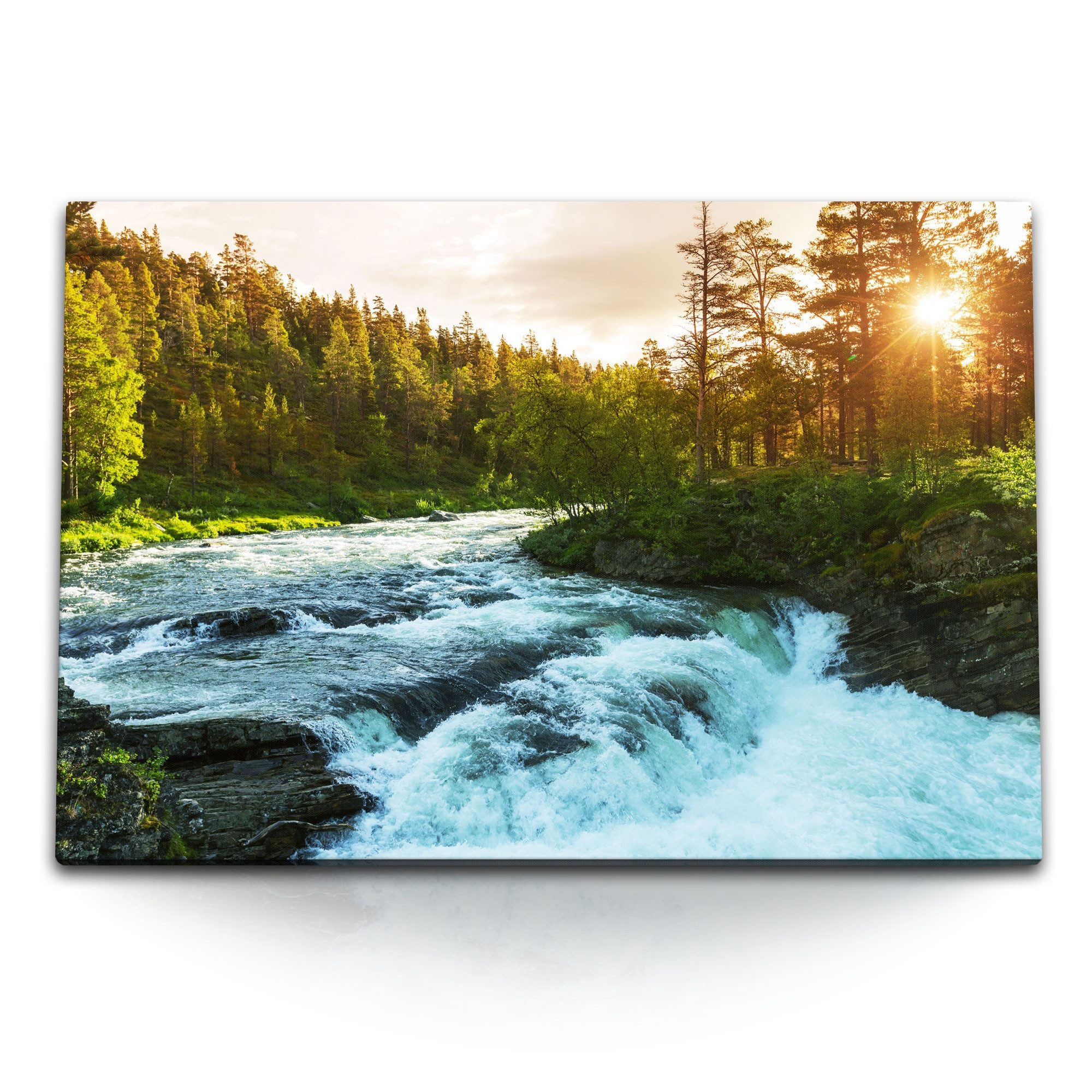 Leinwandbild 120x80cm Wandbild auf Leinwand Wilder Fluss Natur Wald Sonnenuntergang