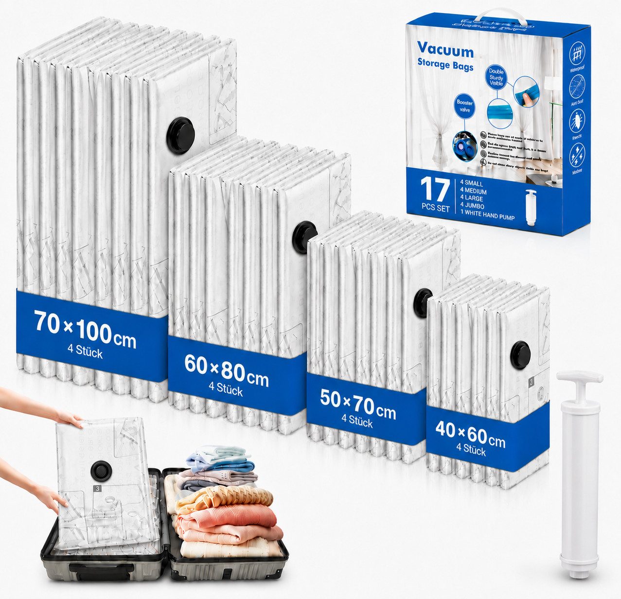 ibettertec Kofferorganizer Vakuumbeutel für Kleidung 17-teilig, 4 Größen mit Handpumpe (Vakuumbeutel für Kleidung 17-teilig, 16 Vakuum Aufbewahrungsbeutel mit Handpumpe, 4 Größen 70x100/60x80/50x70/40x60 cm, platzsparend, luftdicht & wiederverwendbar)