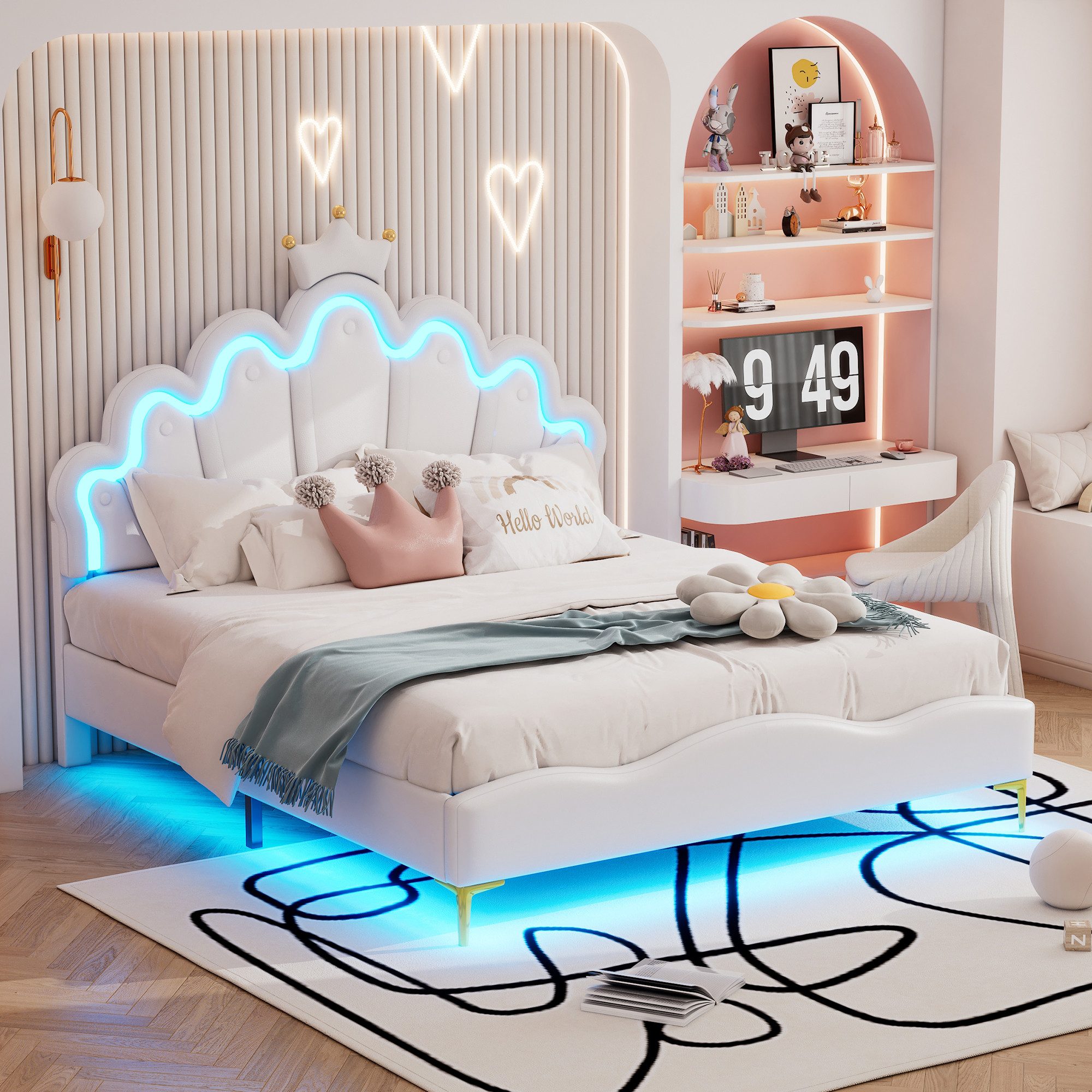 HAUSS SPOLE Polsterbett 140x200 mit matratze Kinderbett Jugendbett mit kronenförmiges Kopfteil