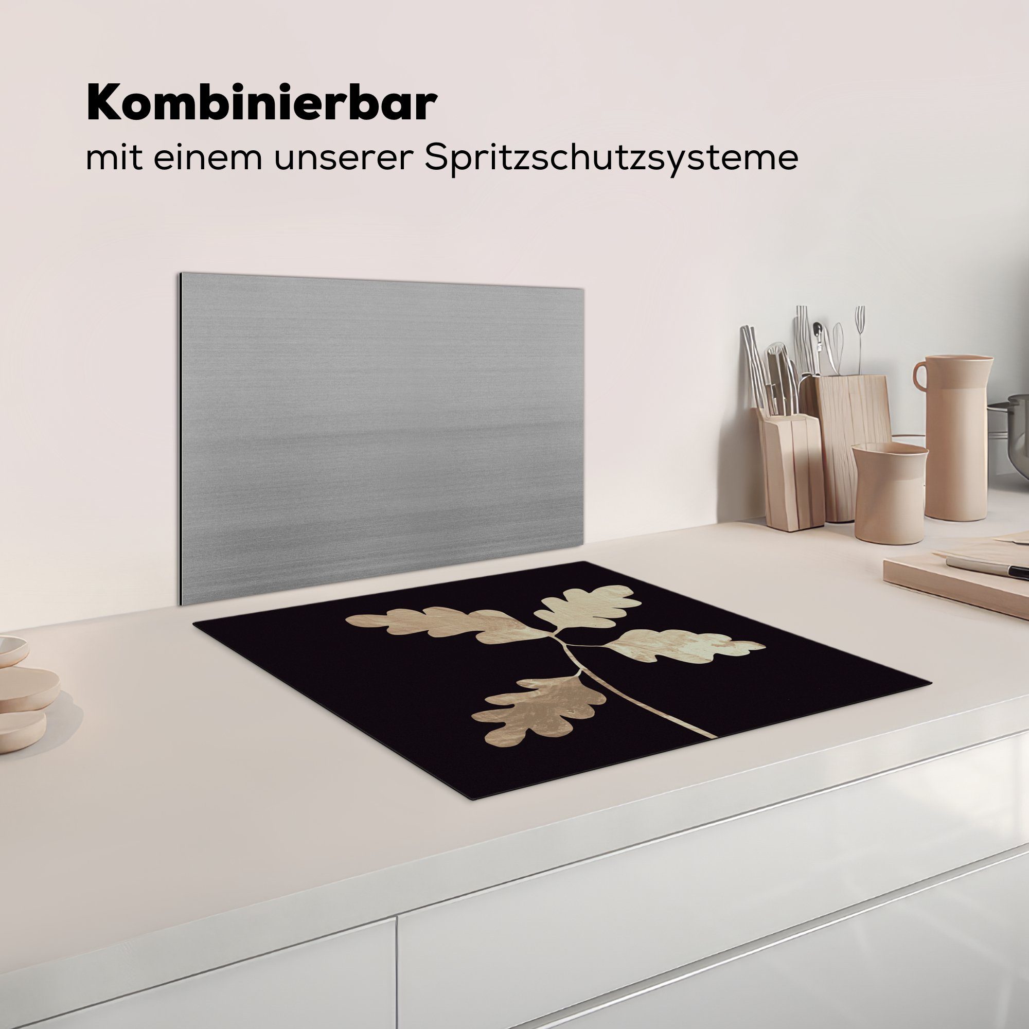 - - Luxus, MuchoWow Induktionsschutz, 59x51 cm, tlg), Blätter Ceranfeldabdeckung Vinyl, (1 Gold Herdblende-/Abdeckplatte Induktionskochfeld,