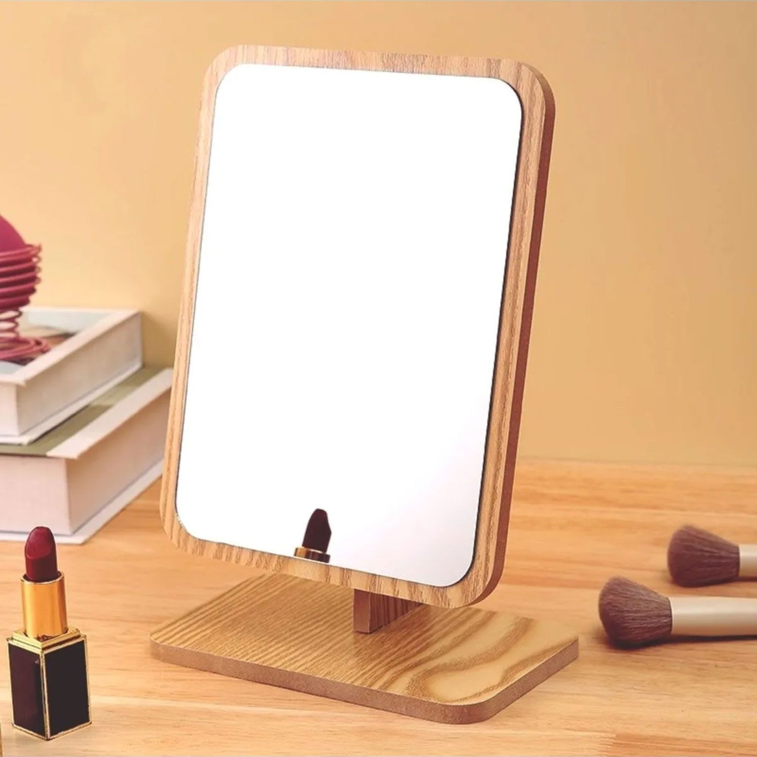 Jungengel Kosmetikspiegel Rechteckig Standspiegel Schminkspiegel 24x16cm Tischspiegel Holz (1-St), Verstellbarer Tischspiegel, Klare Spiegeloberfläche, Ideales Format