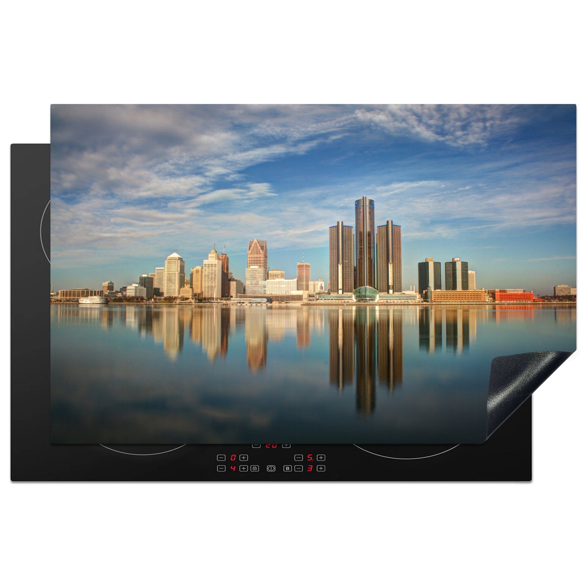 MuchoWow Herdblende-/Abdeckplatte Detroit - Wasser - Skyline, Vinyl, (1 tlg), 81x52 cm, Induktionskochfeld Schutz für die küche, Ceranfeldabdeckung
