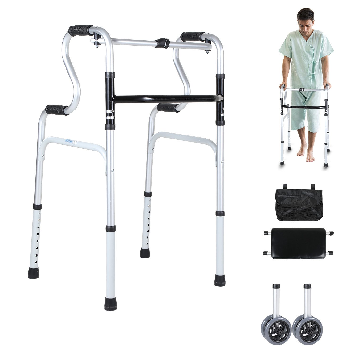 Clanmacy Gehstock Gehhilfe Alu Rollator klappbar, Höhenverstellbar, mit Sitz, bis 180kg