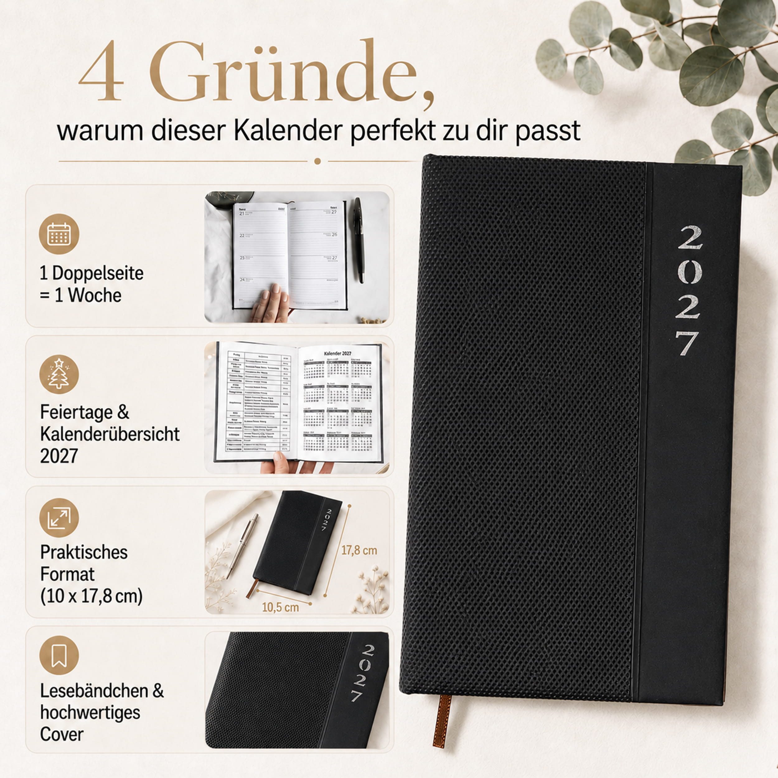 AMLI Taschenkalender Taschenkalender 2027 A6 Lang 1 Woche 2 Seiten Softtouch Schwarz, A6 Lang 10,5x17,8 cm, Softtouch, Leseband, Ferien & Feiertage – Bild 2 von 5