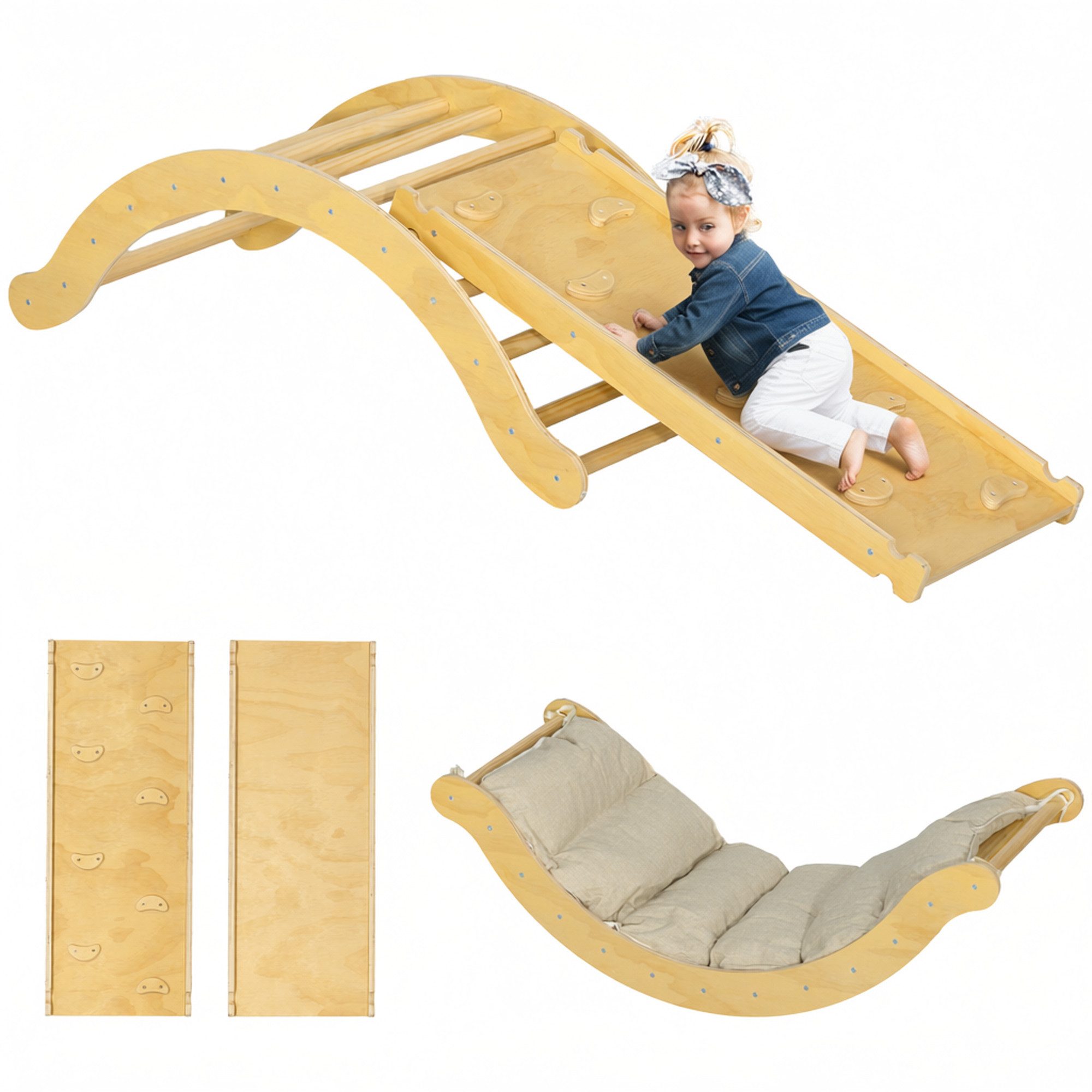 AIYAPLAY Klettergerüst Montessori Holz Kletterbogen Rutsche Matte Spielplatz, (Kletterspielzeug, 4-St., Kletterdreieck zum Rutschen und Klettern), für Kinder 1,5-4 Jahre, Indoor, Naturholz