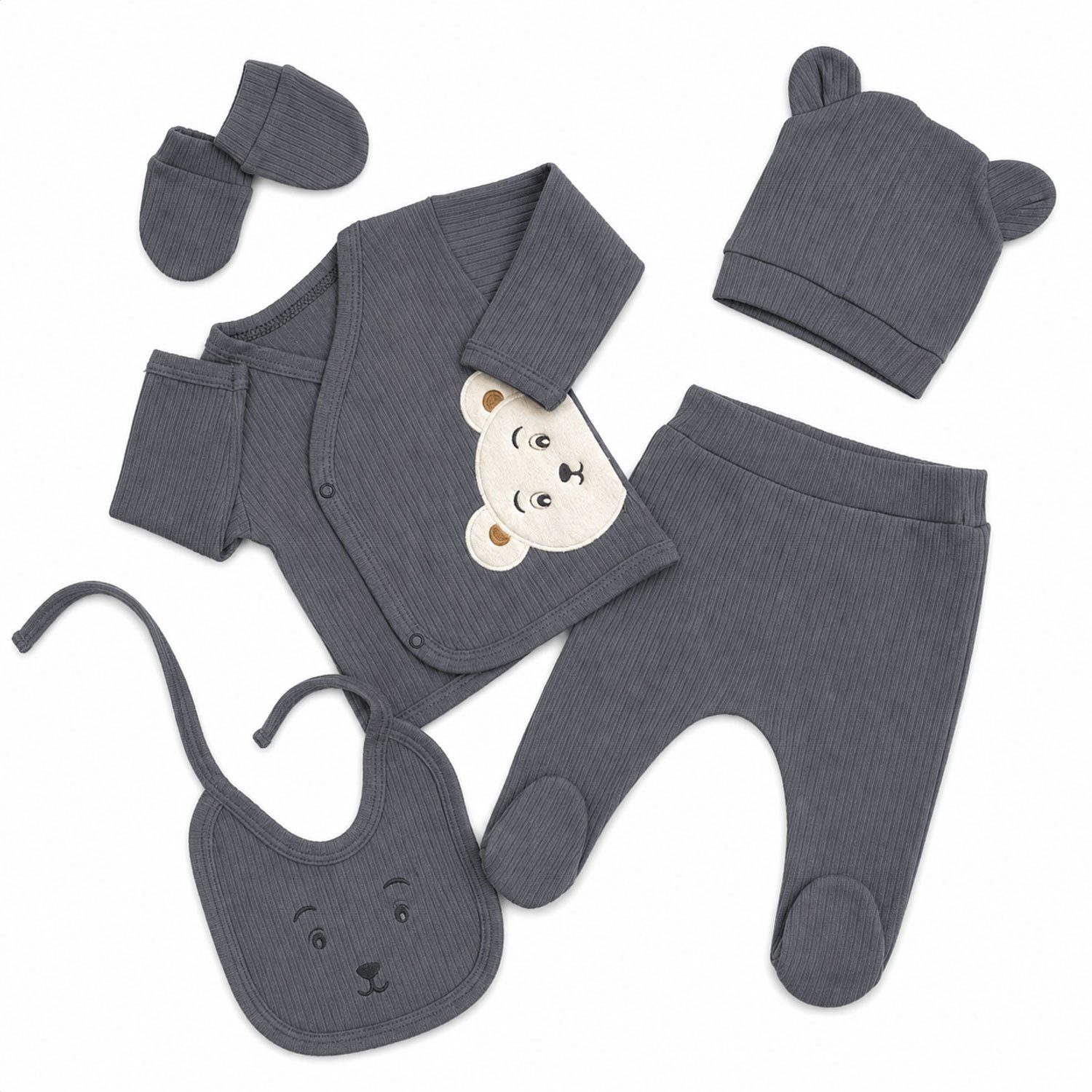 Jungengel Neugeborenen-Geschenkset Erstausstattungsset Krankenhaus-Klamotten Baby Bio Baumwolle (Set, 5-tlg., 5-teiliges Set: Wickelshirt, Hose, Mütze, Lätzchen und Handschuhen) 0-3 Monate, 100% Bio-Baumwolle, 5-Teilig, Bärenmotiv, Extra Weich