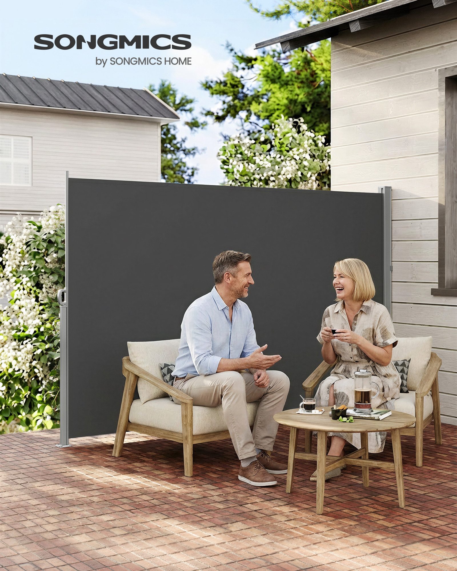 SONGMICS Seitenarmmarkise ausziehbar 5m, rostbeständig, Stahl, Balkon, Terrasse, Garten (160 x 500 cm, inkl. Zubehörpaket & Anleitung) Windschutz, Sonnenschutz, mit Stahl-Kasten, grau