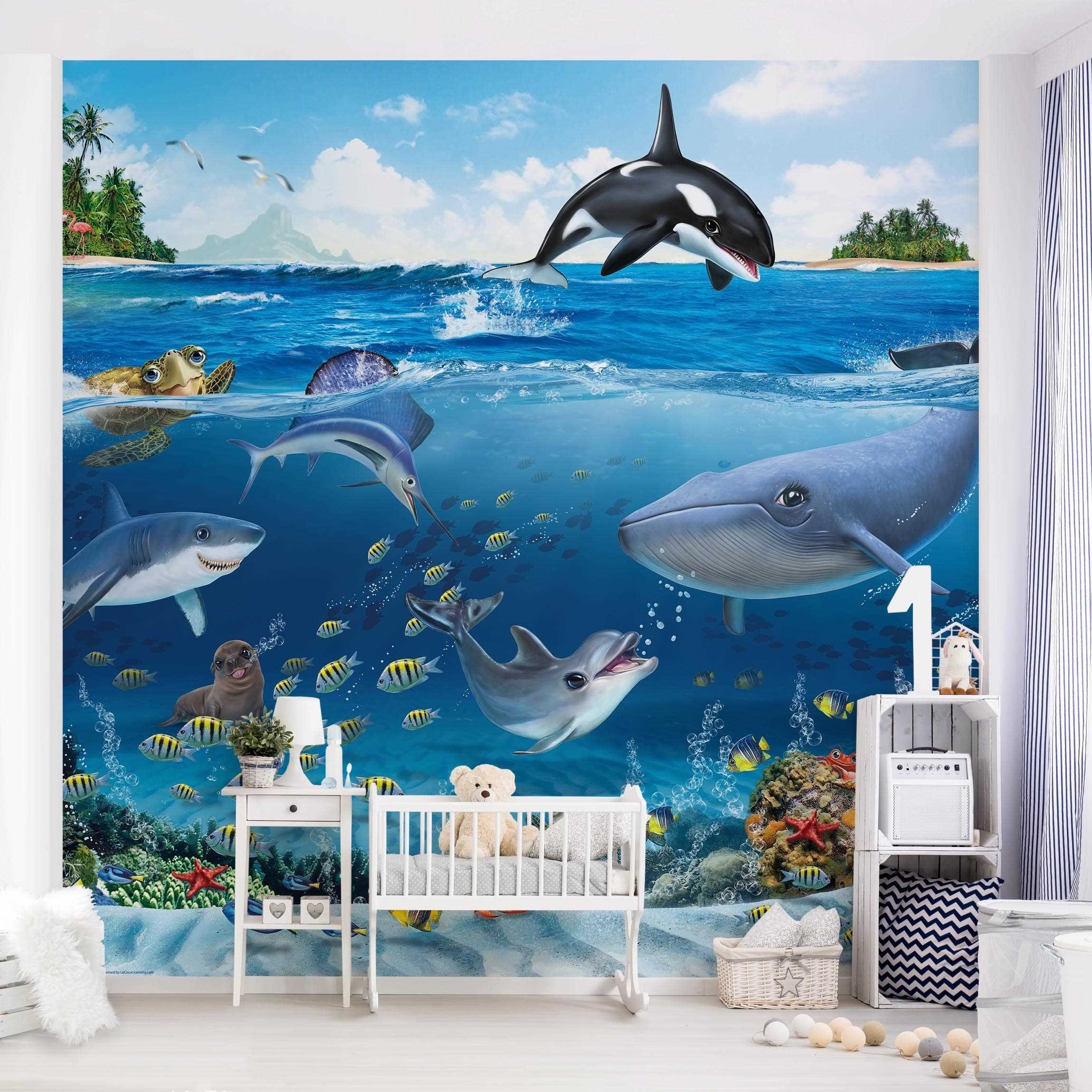 Bilderdepot24 Kindertapete Kinderzimmer Unterwasserwelt Tiere Fische Wanddeko Wal Hai Delphin, Glatt, Matt, (Inklusive Gratis-Kleister oder selbstklebend), Mädchenzimmer Jungenzimmer Babyzimmer Bildtapete Fototapete Wandtapete