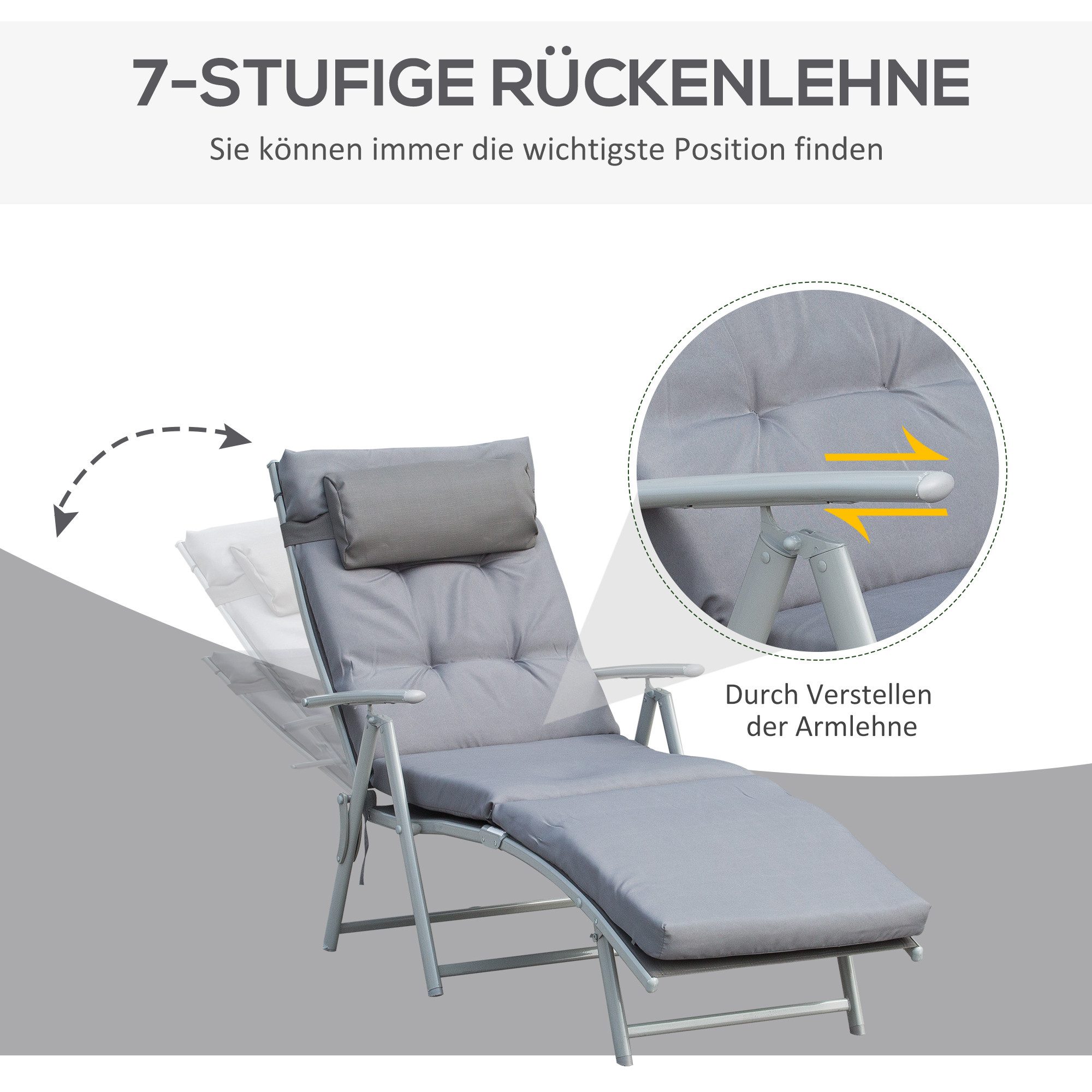 CHICFURN Gartenliege Klappbare Sonnenliege in Grau aus Metall & Stoff, 137x63,5x100,5 cm, Packung, 1 St., Verstellbare Gartenliege mit Kissen für Strand & Terrasse, Leichte Relaxliege für Garten, Pool & Balkon