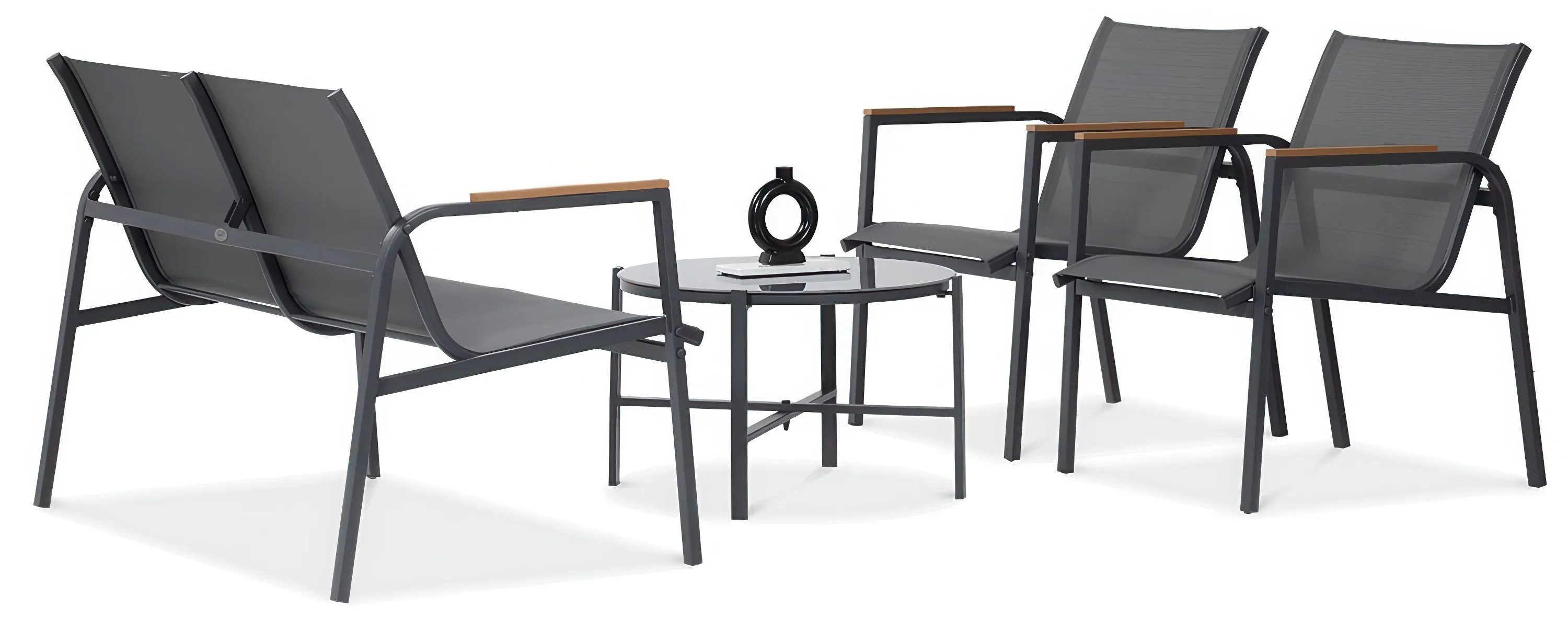 Focus Garden Gartenlounge-Set "MANGO COFFEE" mit 2 Stühlen, Doppelsitzer und runder Tisch, (4-tlg), Polywood Holz-Optik Armlehnen, Stahl, Textilene