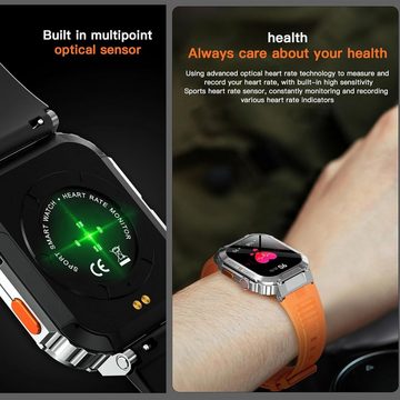 MYSHUN Herren mit Telefonfunktion Touchscreen IP68 Wasserdicht Stahl Sport Smartwatch (2.02 Zoll, Andriod iOS), mit Blutdruckmessung 123 Sportmodi Aktivitätstracker 3 Uhrenarmbänder