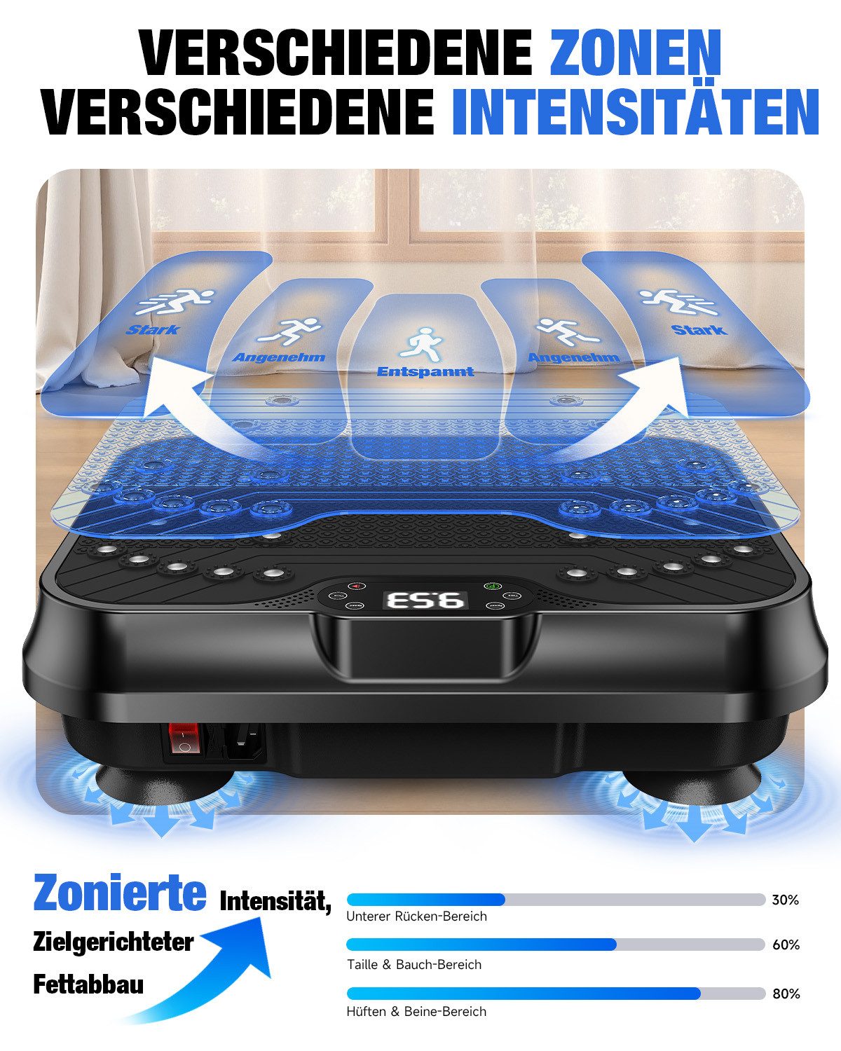 Dskeuzeew Vibrationsplatte mit leisem Motor – 250 Stufen – 9 voreingestellte Modi, 200 W, 250 Intensitätsstufen, Fitnessgerät mit Fernbedienung – LCD-Display –  – Bild 5 von 5