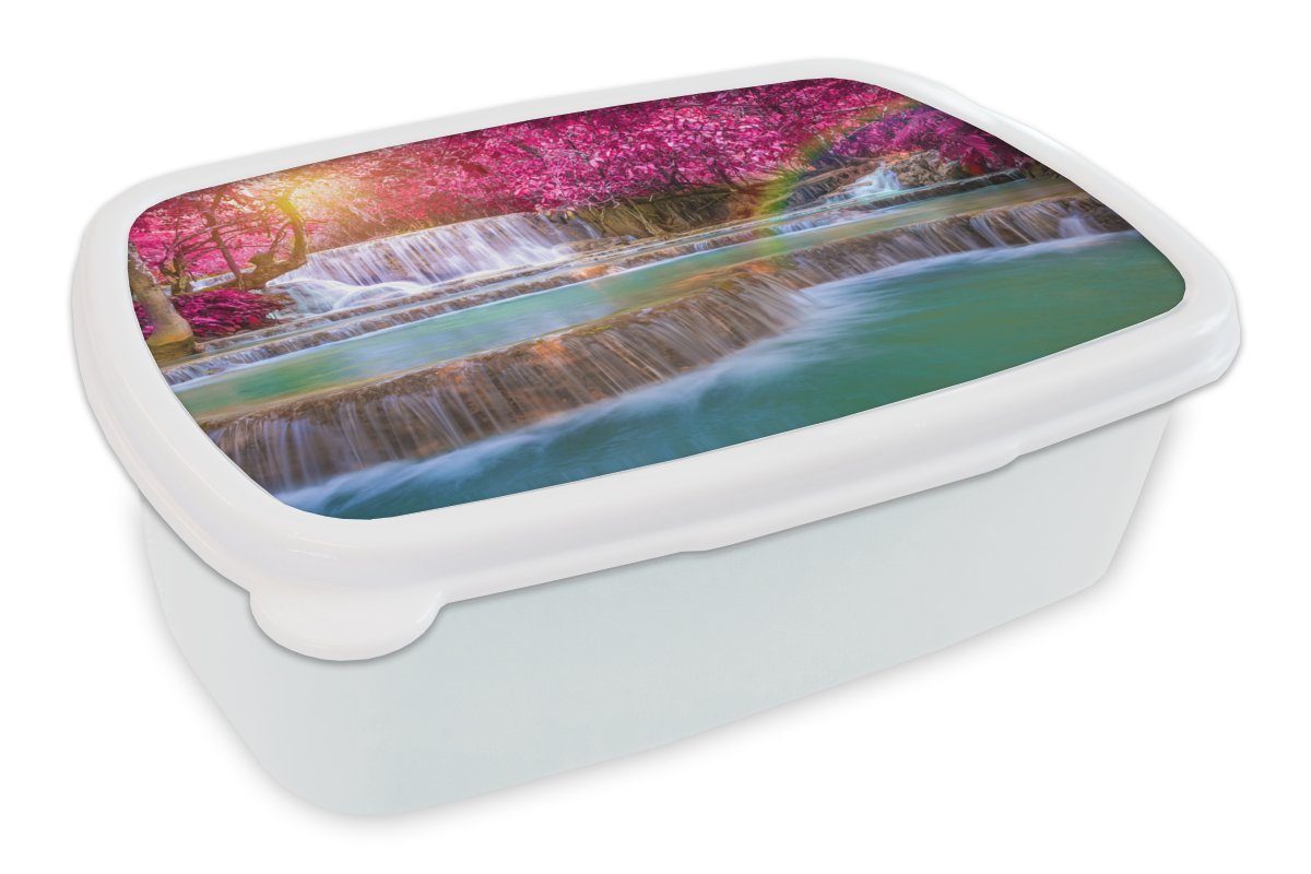 MuchoWow Lunchbox Wasserfall - Regenbogen - Bäume - Rosa - Natur, Kunststoff, (2-tlg), Brotbox für Kinder und Erwachsene, Brotdose, für Jungs und Mädchen weiß