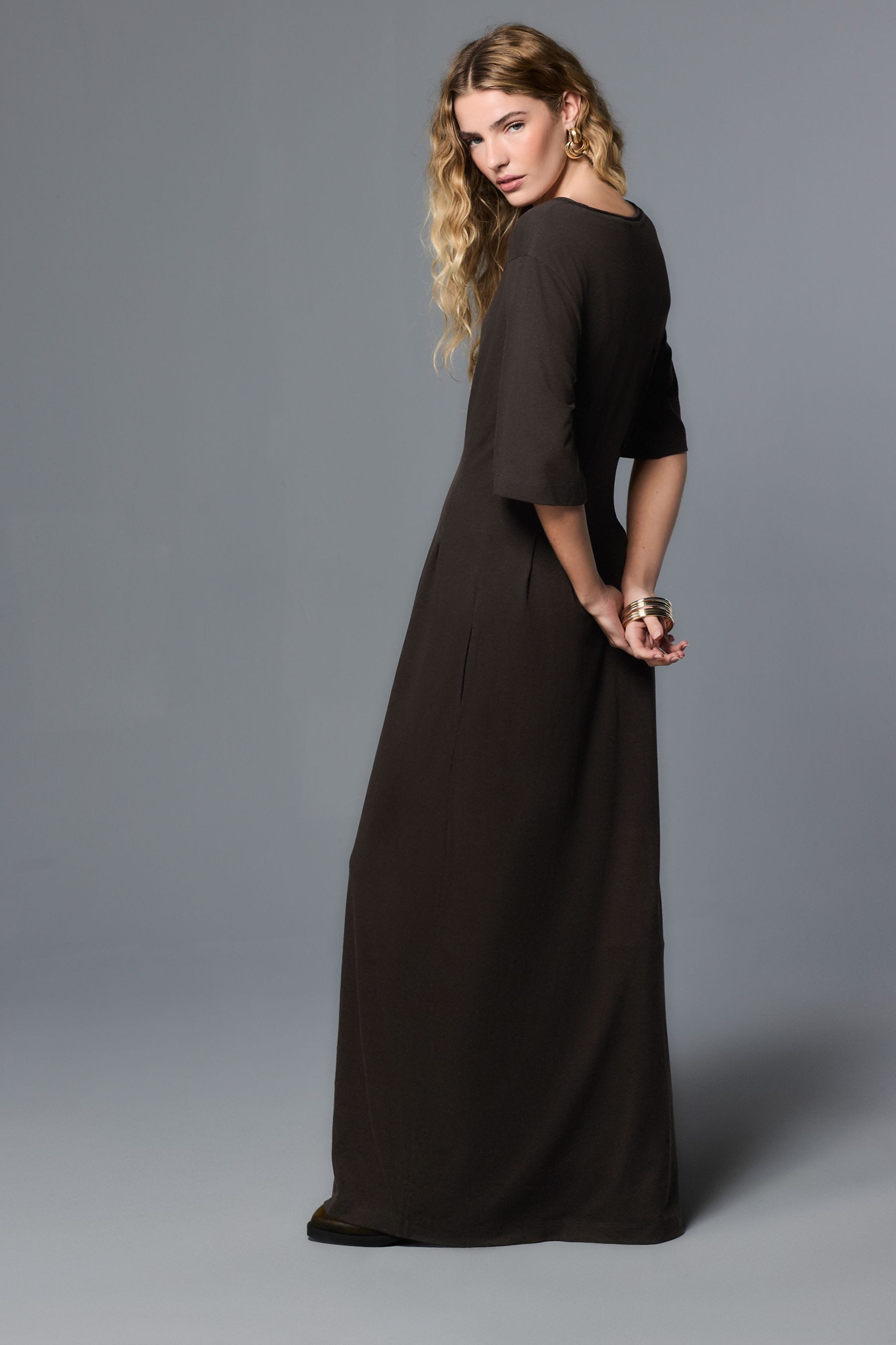 Next Midikleid Kurzärmeliges Midikleid mit Bindegürtel, Rollrand (1-tlg)