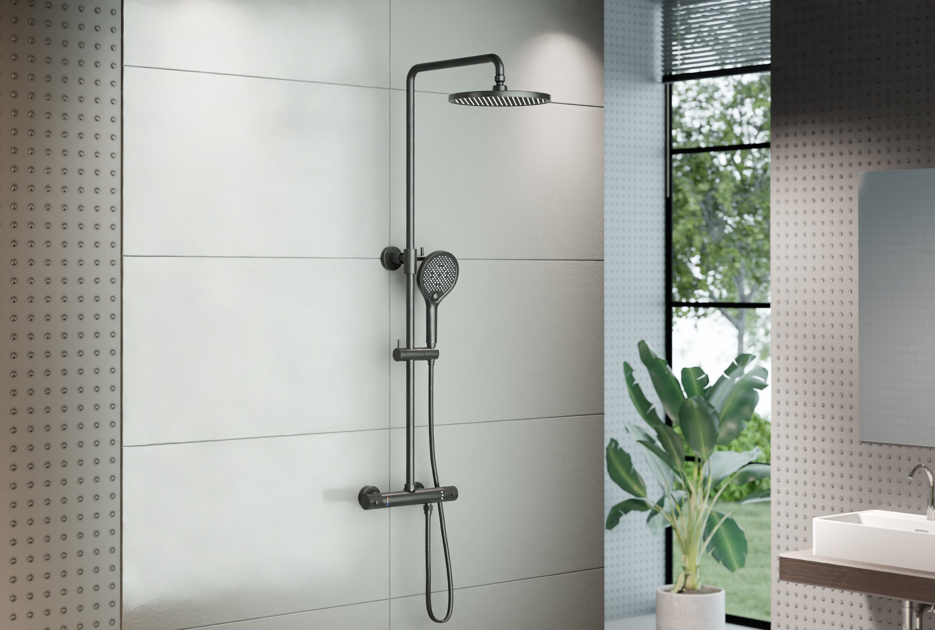 Bernstein Duschsystem 4011 PRO, Duschsäule Thermostat Schwarz - Inkl. Handbrause & Regenduschkopf