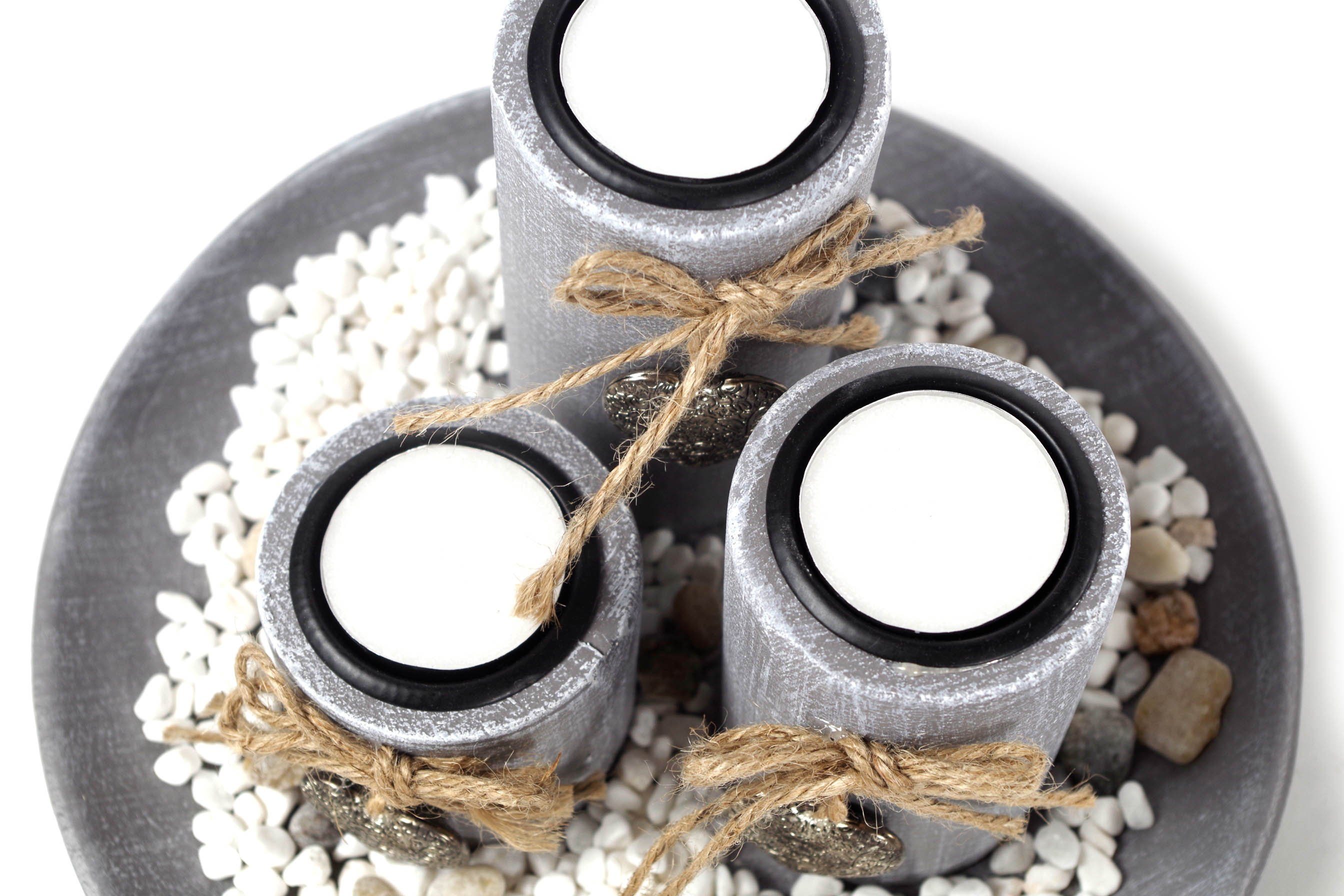 Kobolo Kerzenhalter Dekoschale - 3 Kerzenständer Grau und Steindekoration (Set)