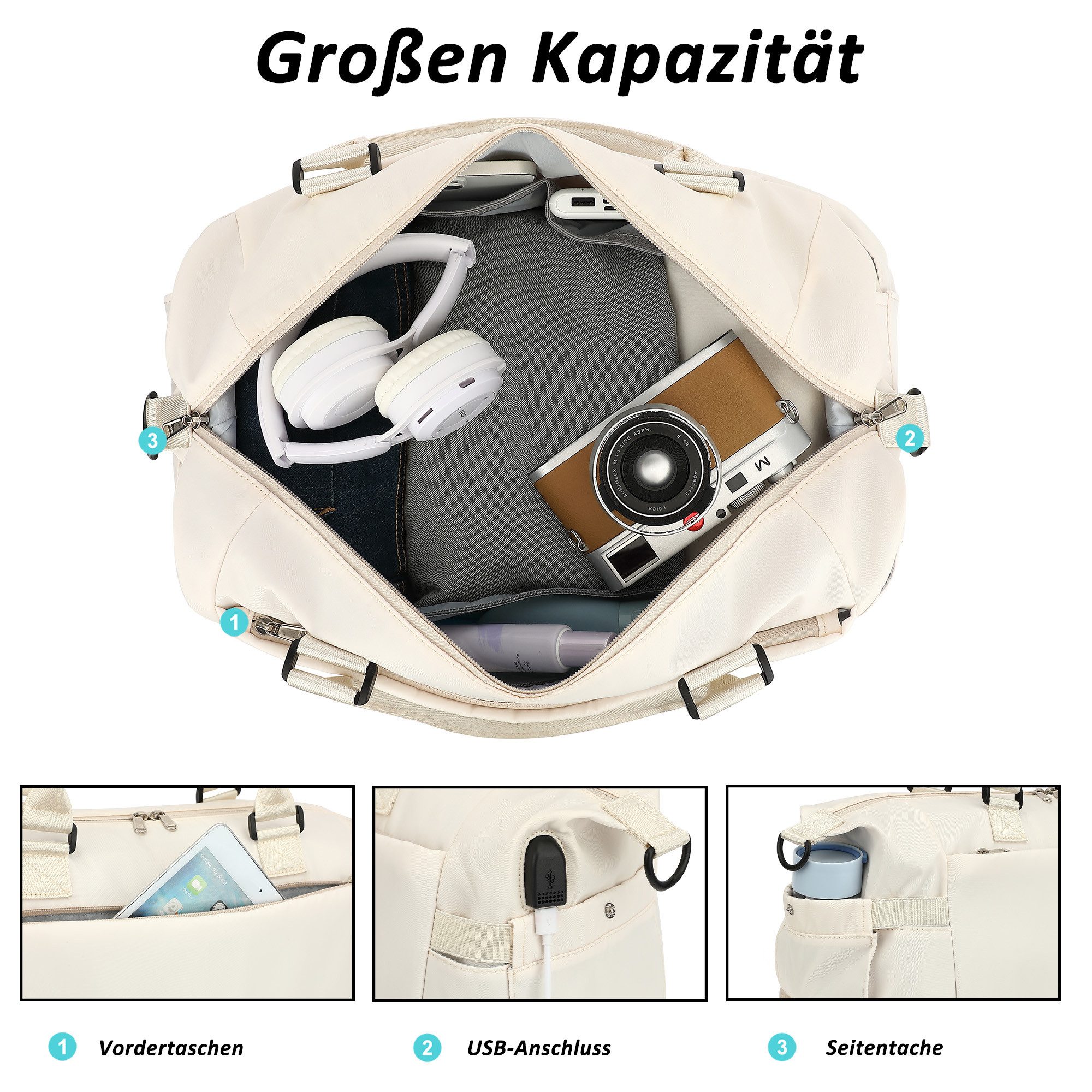 TAN.TOMI Reisetasche Wasserdichter Flugbegleiter Reise-Seesack - Tragetasche (Erweiterbar mit Trolley-Ärmel und Nasstasche), Sporttasche Wochenendtasche - Krankenhaus-Tasche
