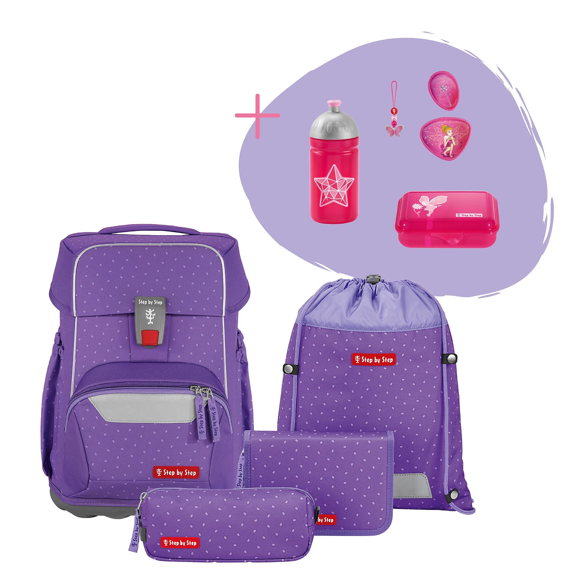 Step by Step Schulranzen BASIS „Purple Konfetti“, 7-tlg. (4-teilig, 7-tlg)