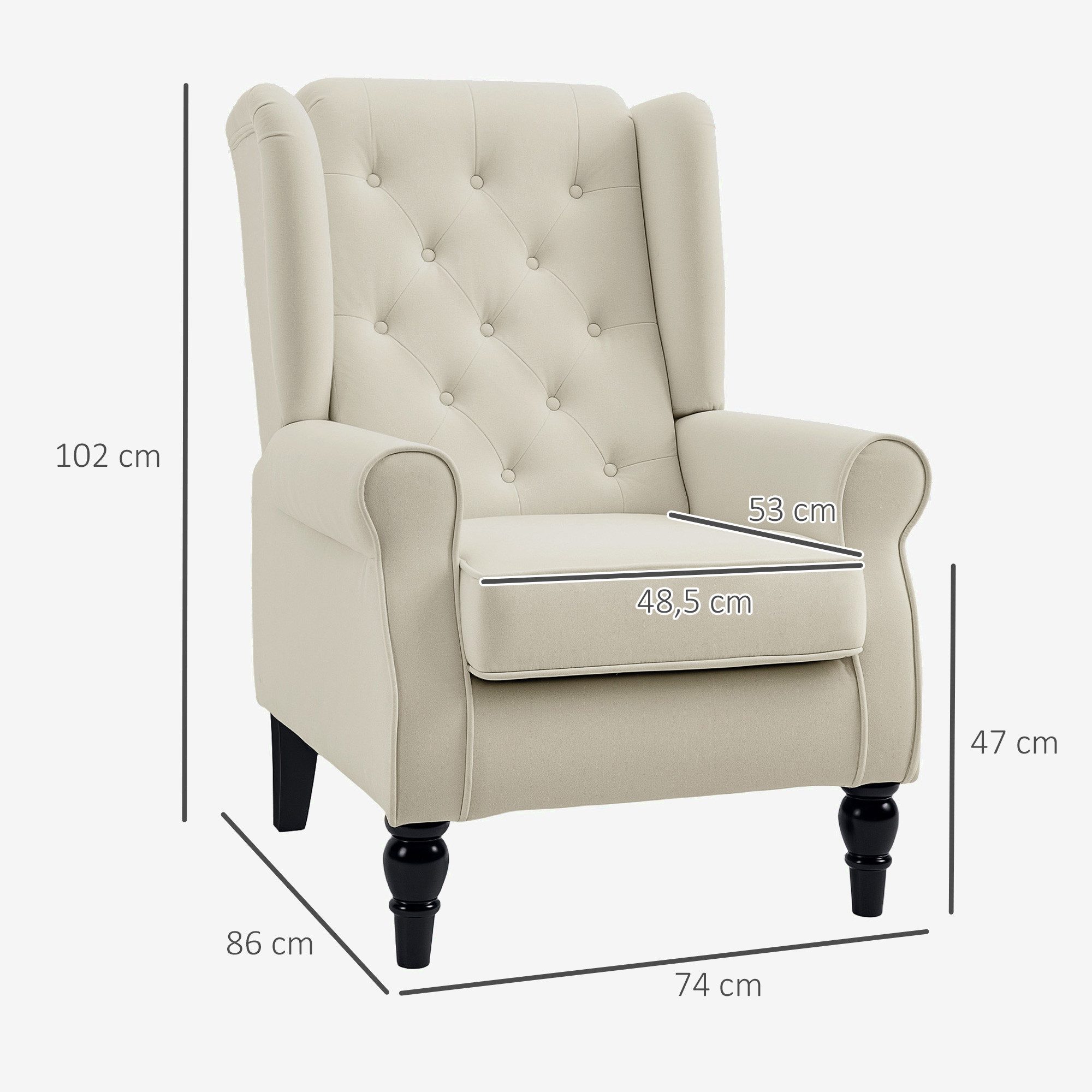 HOMCOM Sessel Einzelsessel, Akzentsessel mit Tufting Holzfüße (Ohrensessel, 1-St., Relaxsessel), für Wohnzimmer, Cremeweiß