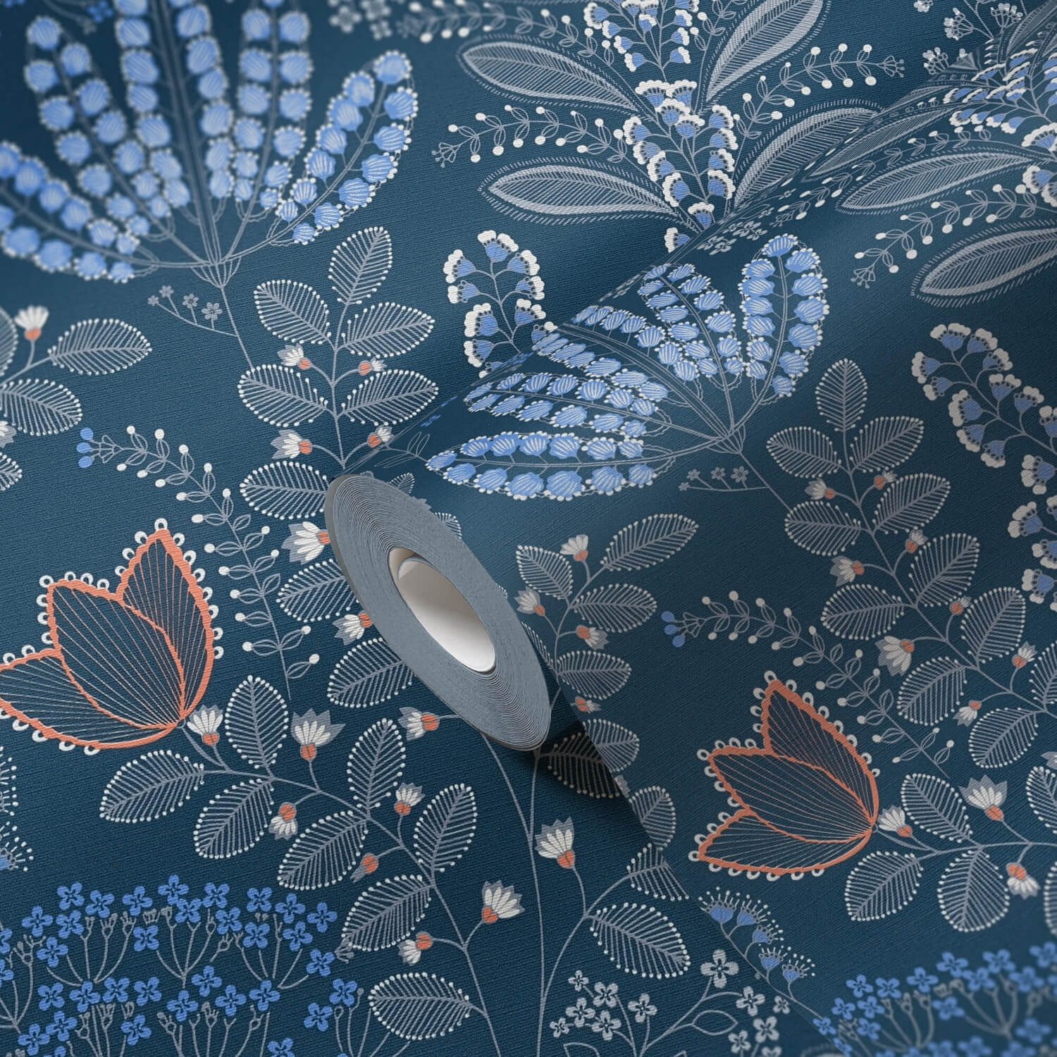 Profhome Vliestapete 393494-GU Blumen Tapete Floral matt blau weiß orange-rot, geprägt, (1 Rolle, 5,33 qm), heißgeprägte Vliestapete, blau