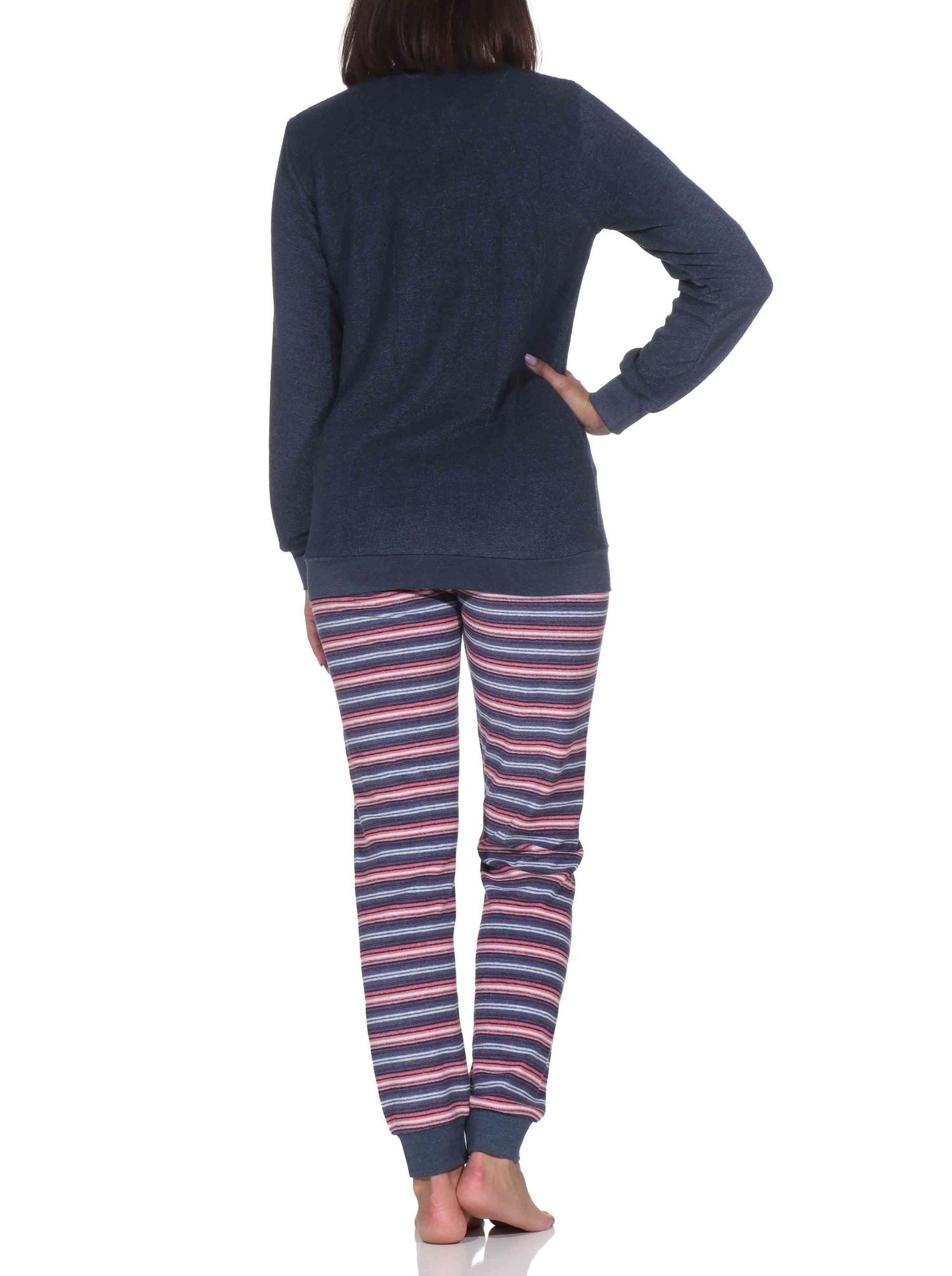 Normann Pyjama Normann Damen Frottee Schlafanzug langarm mit Bündchen Hose gestreift – Bild 3 von 5