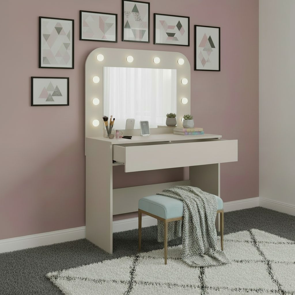 OTTO home Schminktisch NANCY,BE A STAR! Hollywood Spiegel+Beleuchtung, Schublade Soft Close (B/T/H: 100/42,5/142cm, Farbei Kaschmir Beige), Kosmetiktisch mit viel Stauraum, LED, Soft-Close