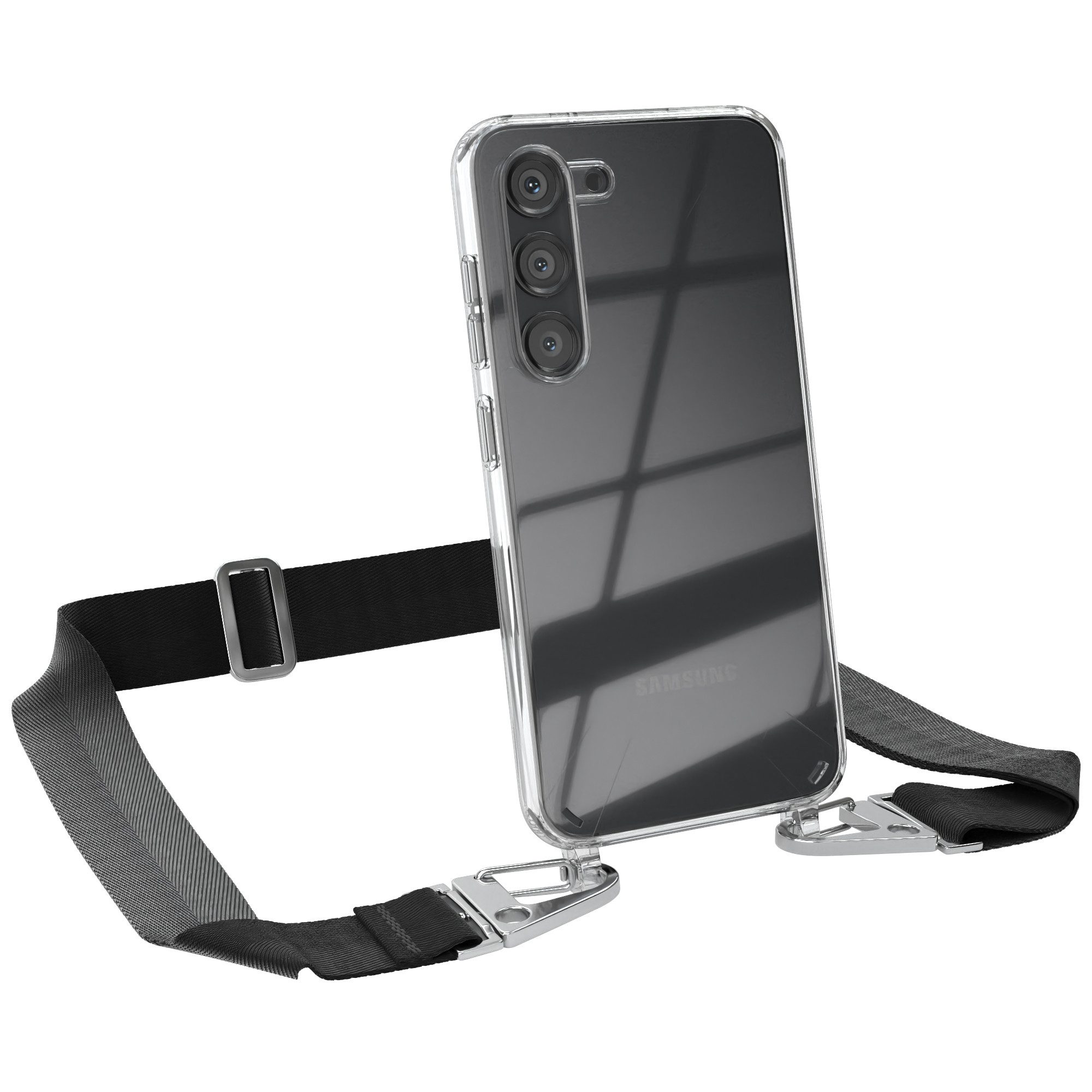 EAZY CASE Handykette Silikon Kette Karabiner für Samsung Galaxy S23 6,1 Zoll, Schutzhülle zum Umhängen Handyhülle mit Umhängeband Schwarz Silber