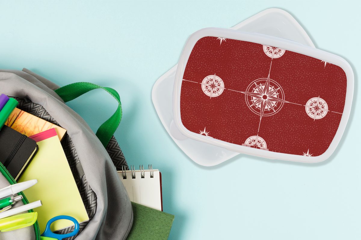 Brotbox Muster, und Reisen - Brotdose, weiß - Lunchbox MuchoWow Jungs (2-tlg), Kunststoff, Kinder und Kompass für Erwachsene, für Mädchen