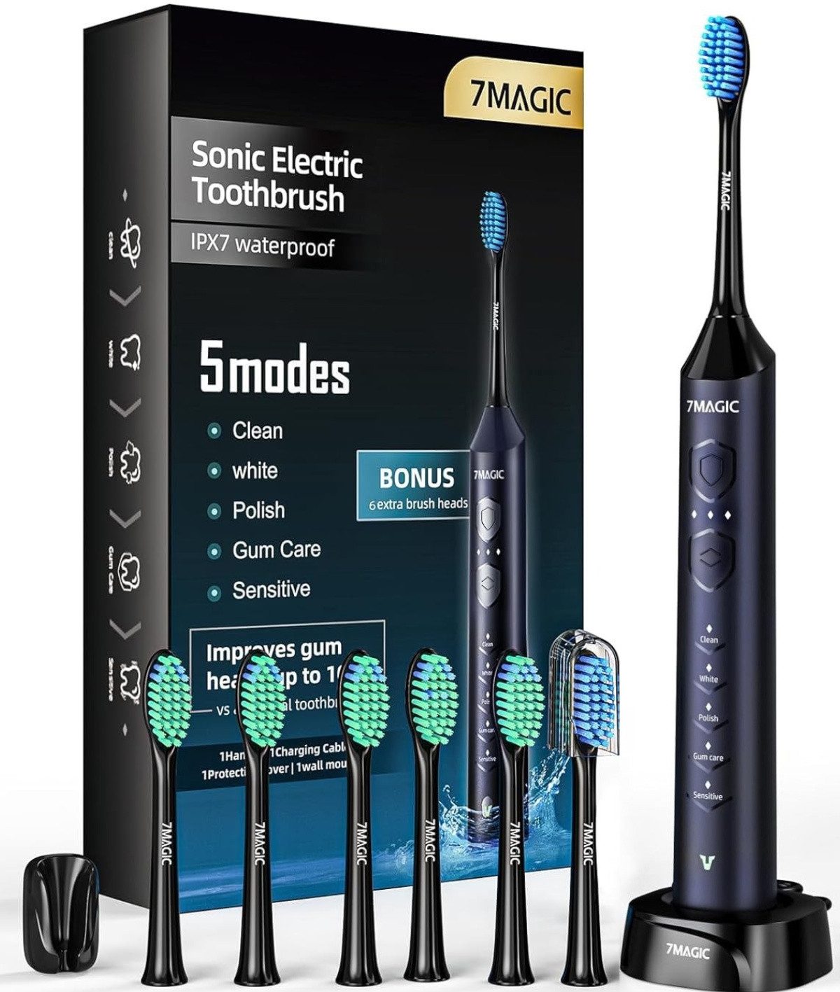 MCURO Elektrische Zahnbürste D36 Schallzahnbürste für Zahnpflege, mit 5 modi 3 Vibrationsstärken, Aufsteckbürsten: 6 St., Electric toothbrush für Erwachsene,Zähne reinigen wie ein Zahnarzt, Reise Zahnbürsten mit 6 Zahnbürstenkopf, Timer