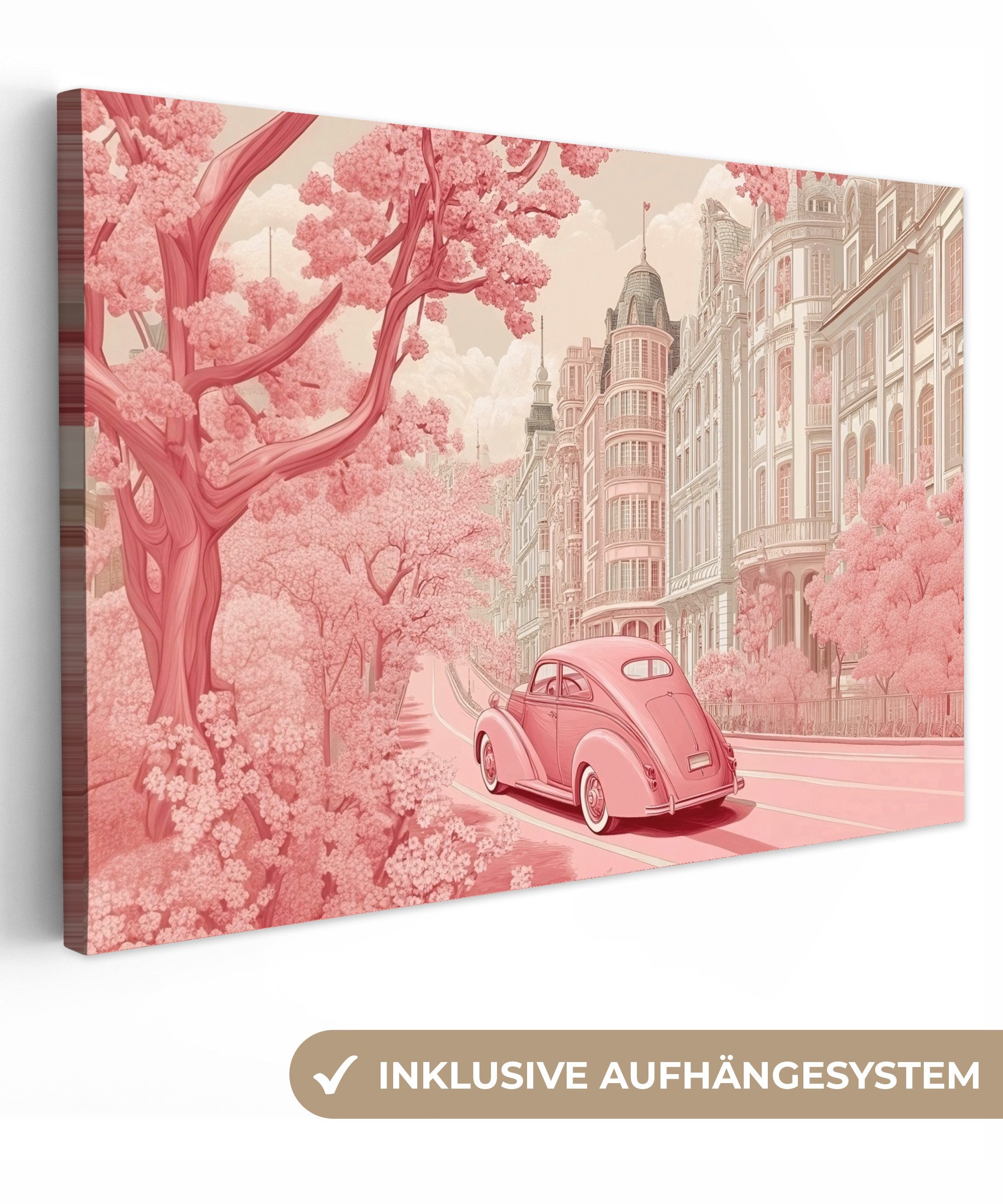 OneMillionCanvasses® Leinwandbild Stadt - Auto - Rosa, Fotodruck (1 St), Leinwand Bilder Klein, Wand Dekoration Aesthetic 30x20 cm