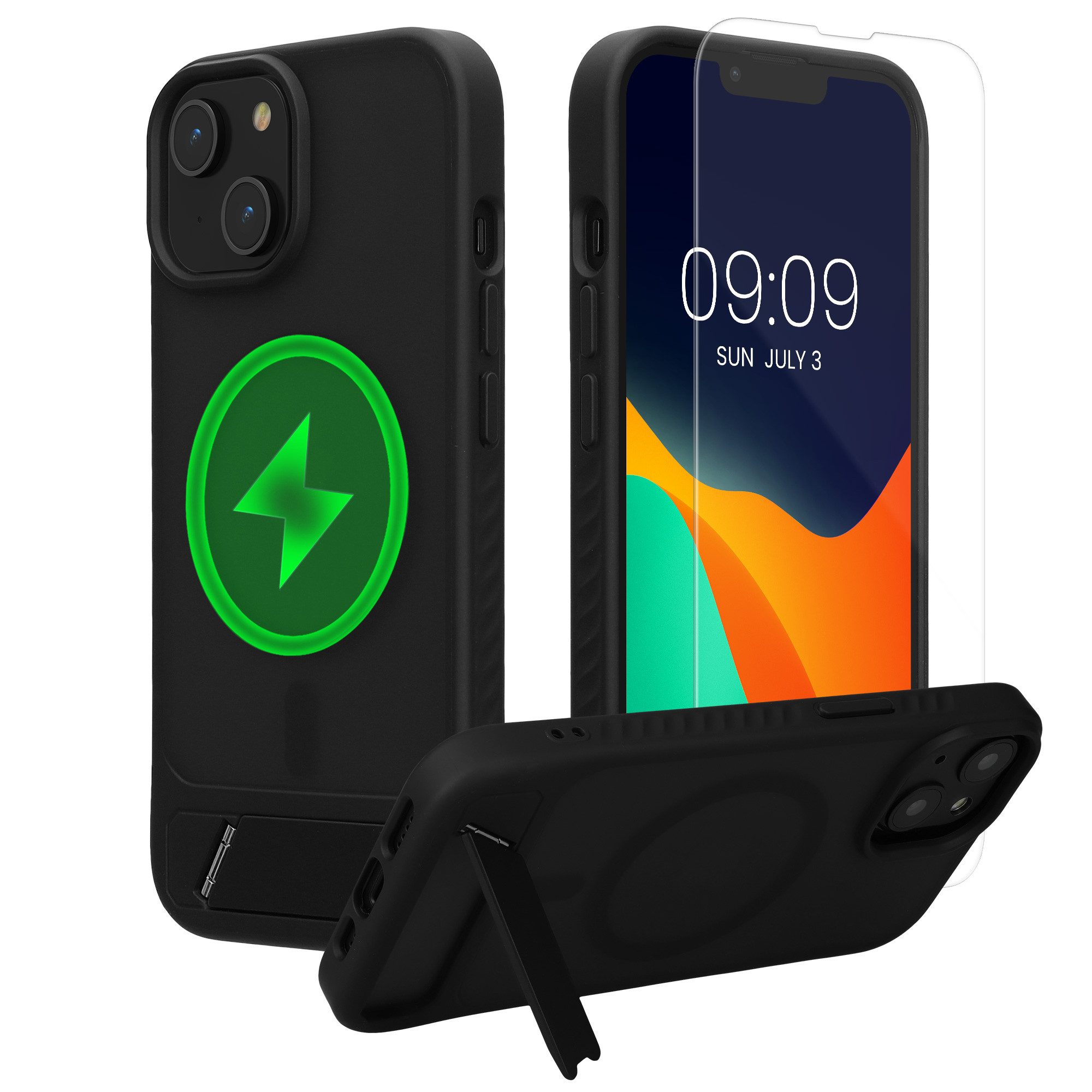 kwmobile Smartphone-Hülle Handyhülle für Apple iPhone 13 / iPhone 14 Hülle, Kunststoff TPU Case - Glas Folie - Kompatibel mit MagSafe - Ständer