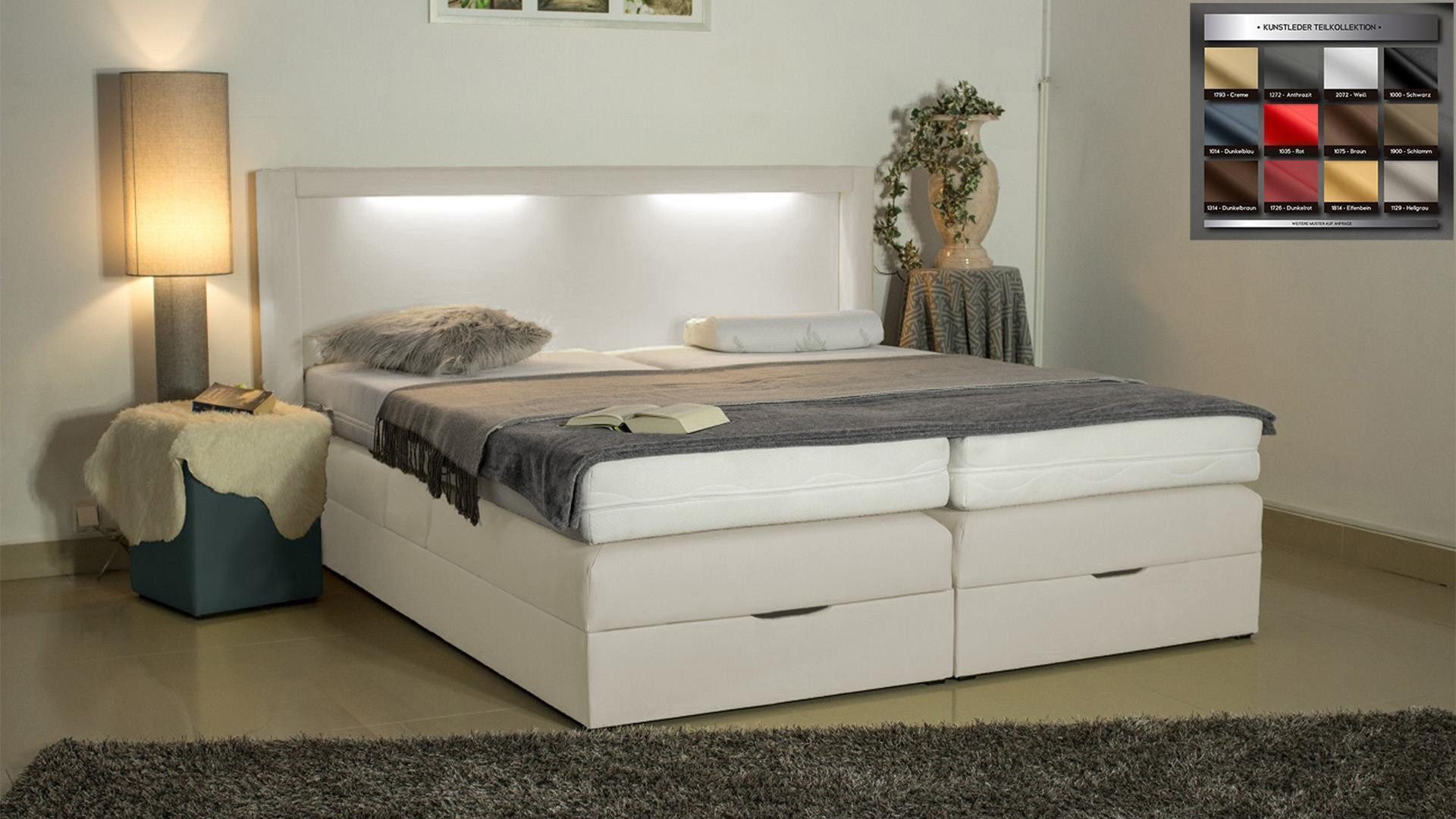 PAARA Boxspringbett Barcelona Bettkasten Kopfteil verstellbar LED Licht, inkl. Matratzen und Topper, mit einzigartigem Belüftungssystem