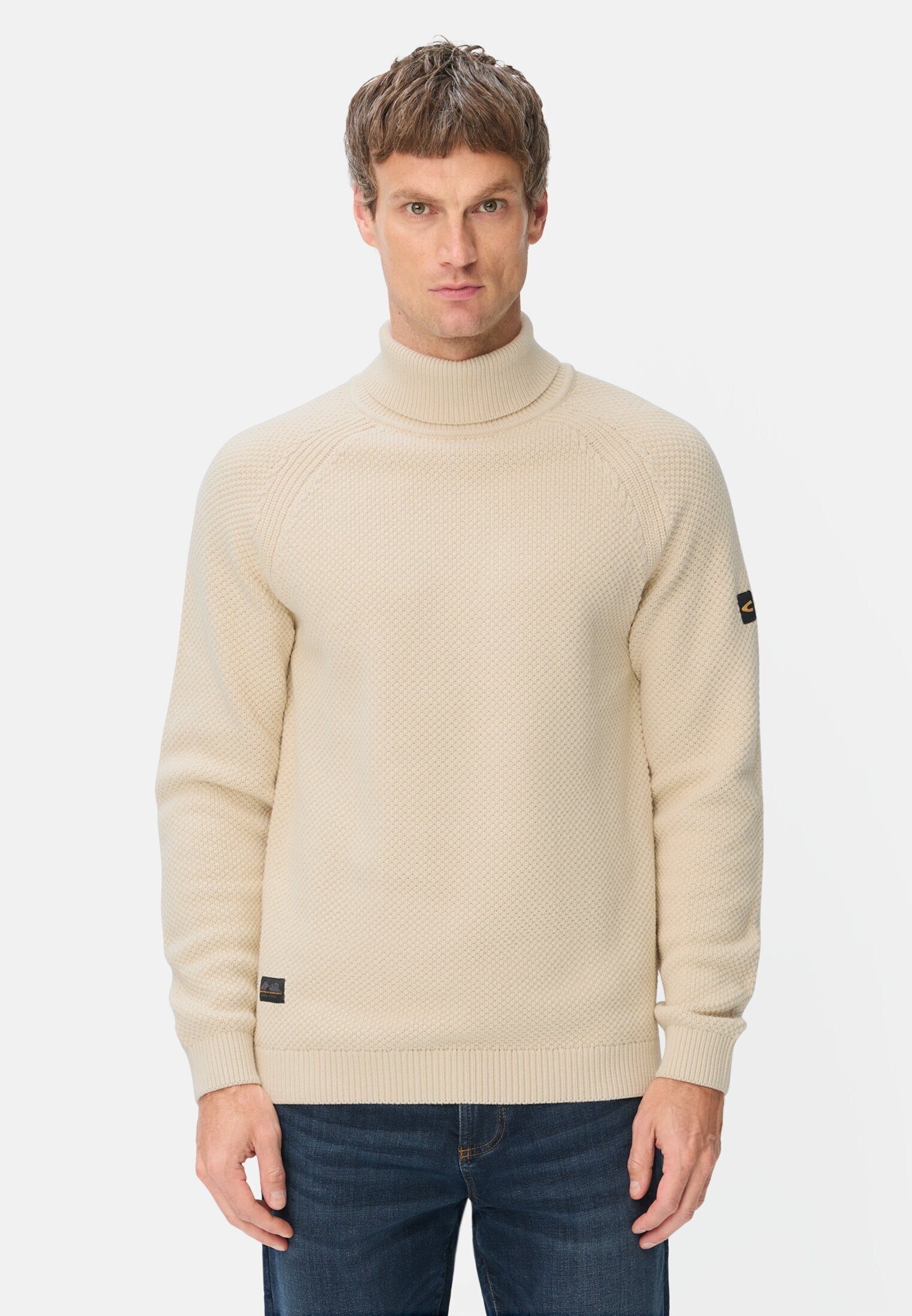 camel active Rollkragenpullover mit gerippten Ärmelbündchen Langarm Markenlogo