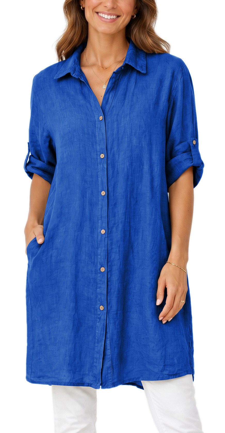 dy_mode Longbluse Damen Leinen Longbluse Sommer Hemdbluse Blusenkleid Luftige Tunika in Unifarbe, mit Knopfleiste