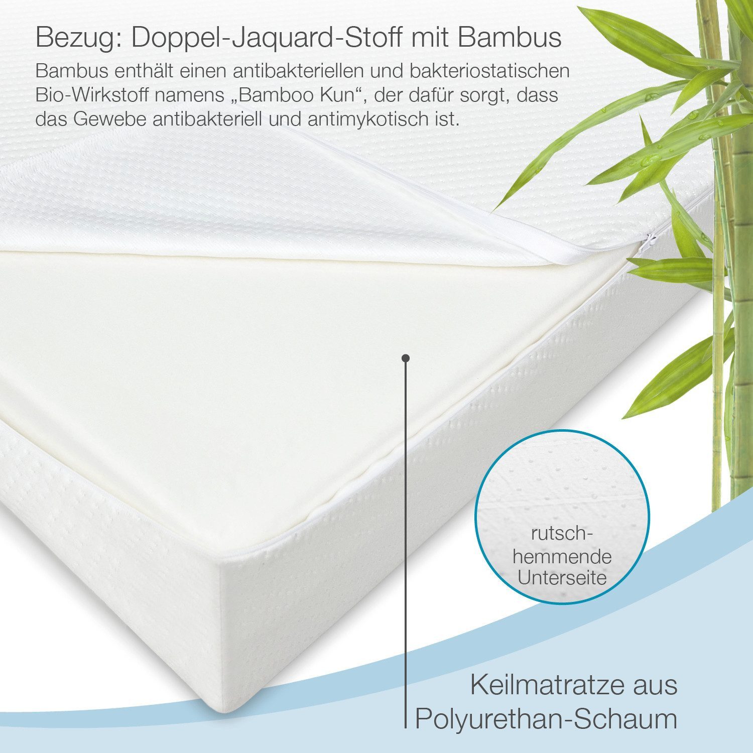 ELONEO, Topper Keilmatratze, 90x200, 140x200, 180x200 und weitere Größen, 14 cm hoch, Gelschaum, für Hausstauballergiker, schadstoffgeprüft, mit waschbarem Bezug