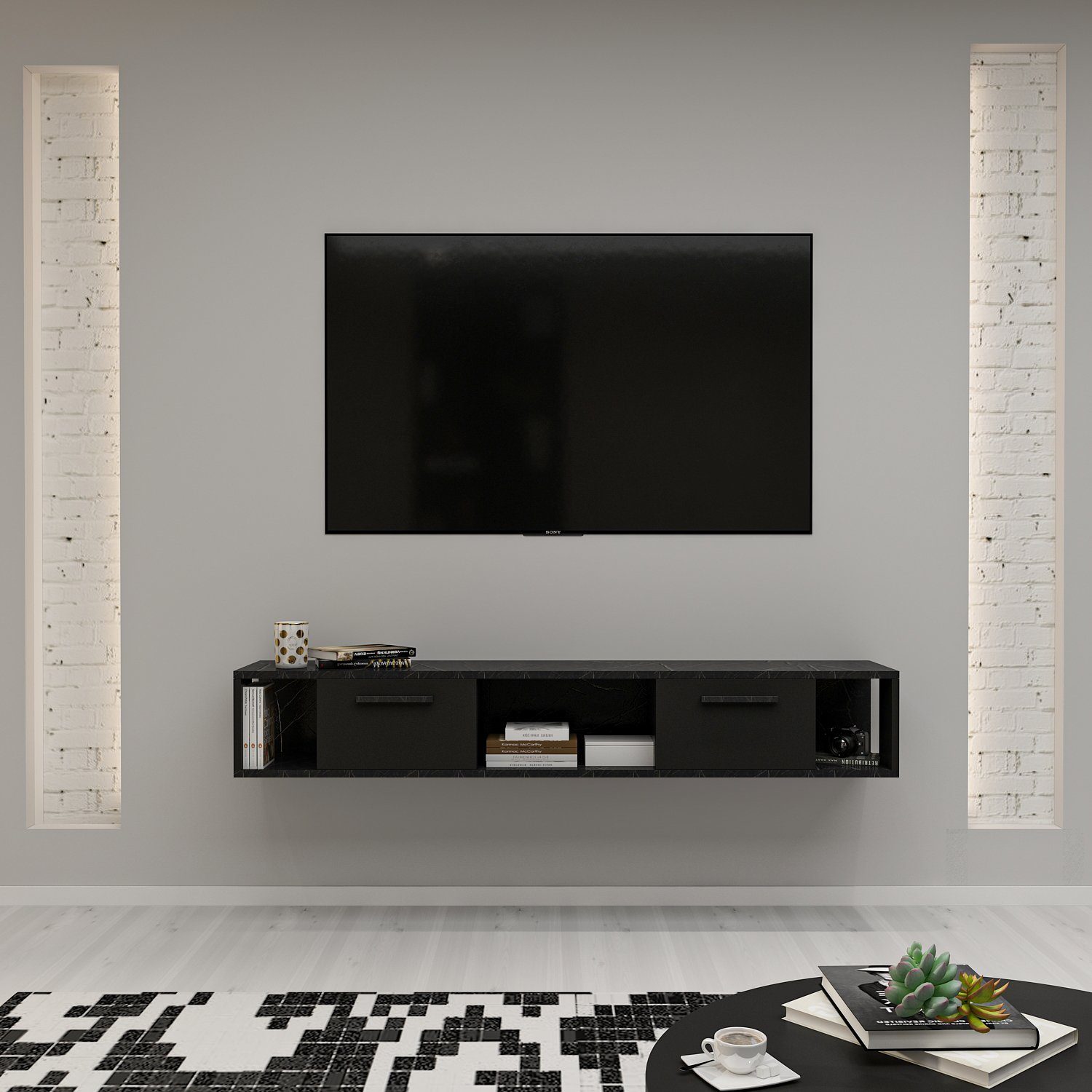 moebel17 TV-Regal TV Schwarz in Optik Marmor Marmor Optik modernes Lowboard Weiß Weiß Aldora Lowboard 9581, TV