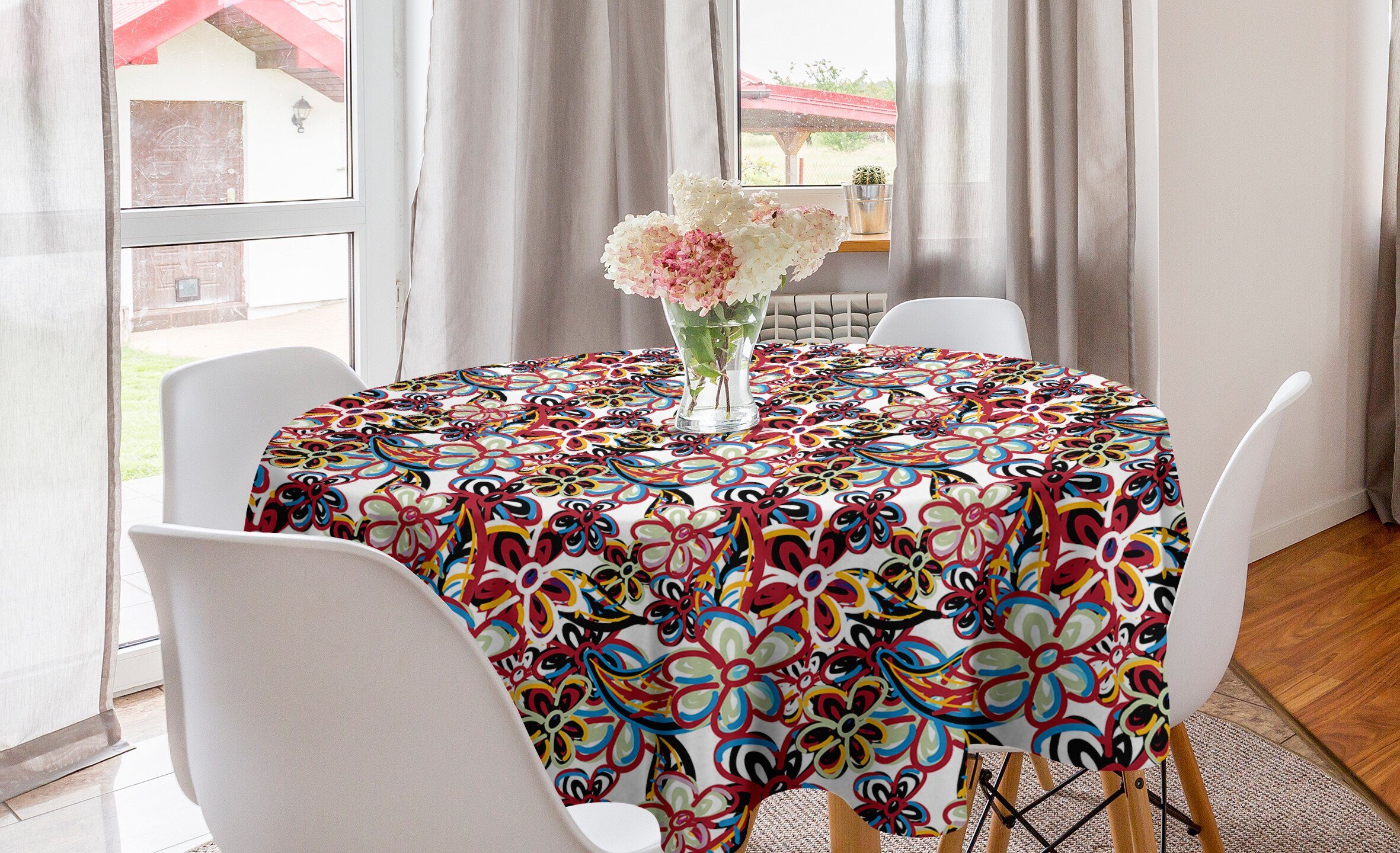 Tischdecke Bunt Esszimmer für Kreis Abdeckung Dekoration, Abakuhaus Blumen Cartoon-Stil Tischdecke Küche