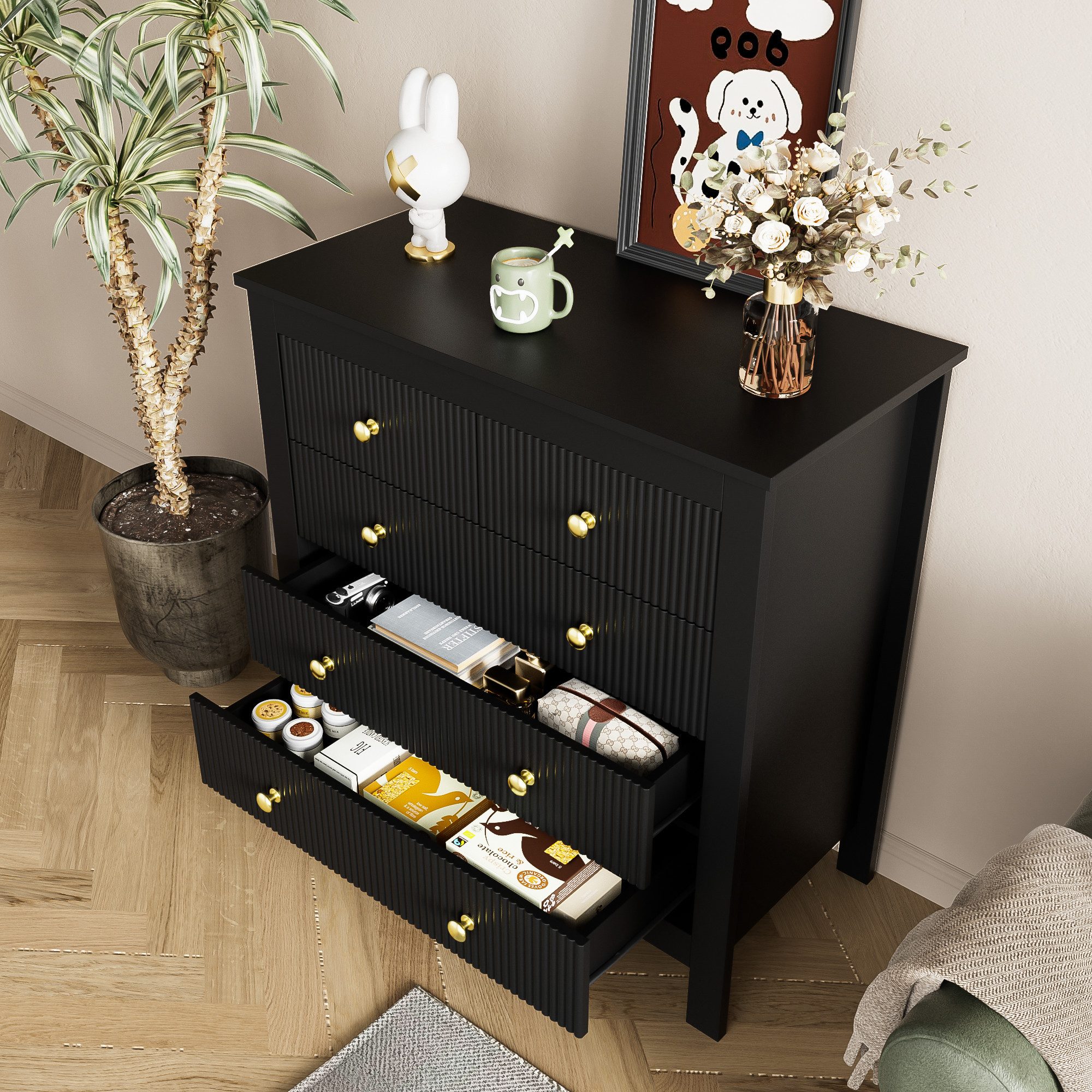 Merax Kommode mit fünf Schubladen und goldenen Metallgriffe, Schubkastenkommode,Sideboard,Wohnzimmerschrank