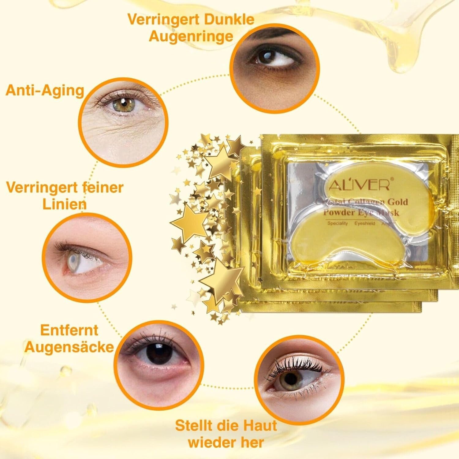 ALIVER Augenpads Crystal Collagen Gold Anti Aging Anti-Falten Feuchtigkeitsmaske in Box, 10-tlg., Augenpads Gold