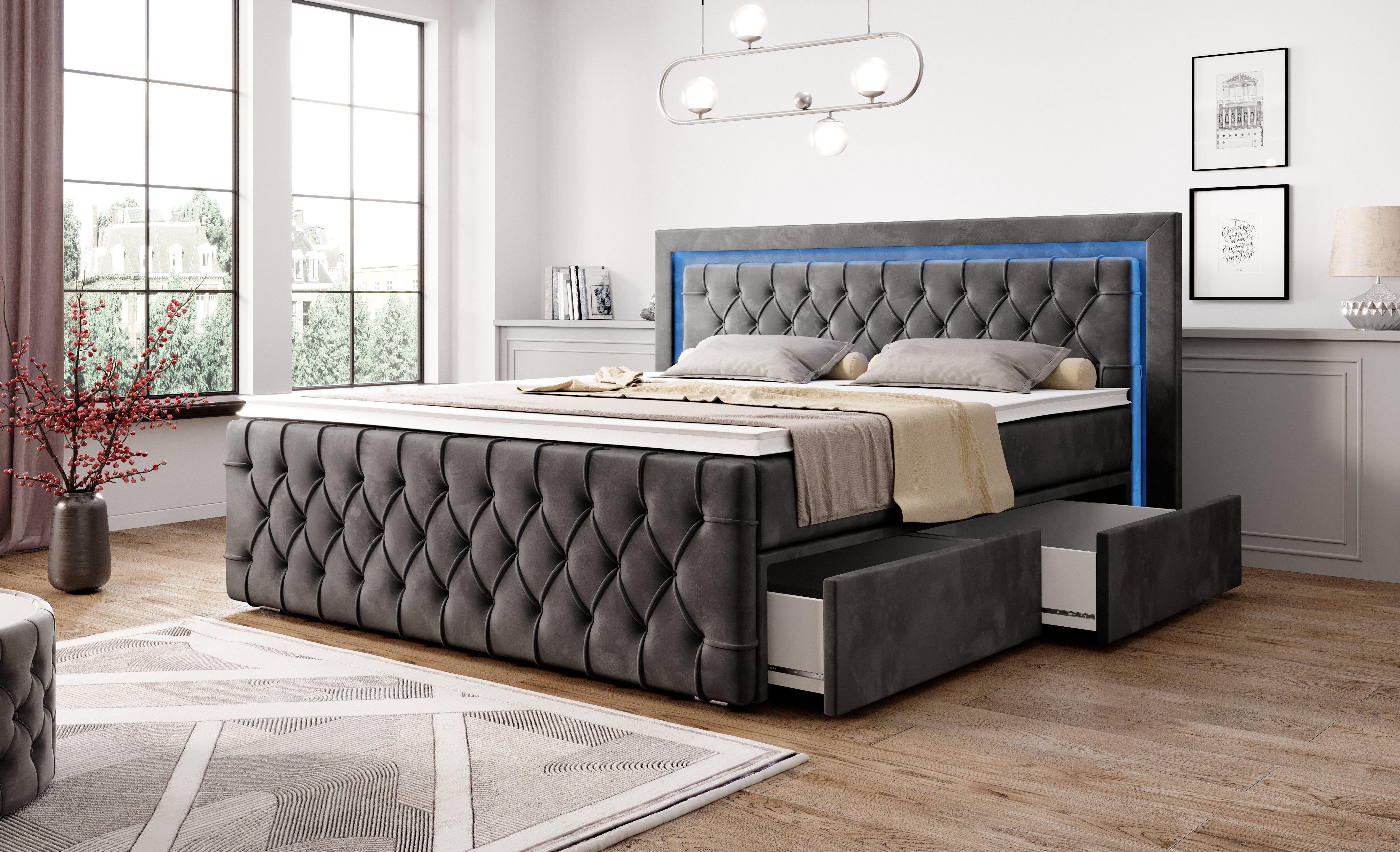 PROMETO Möbel Boxspringbett Arosa - Schubladen, LED 16 Farben, Matratze, Topper, Kopf und Fussteil